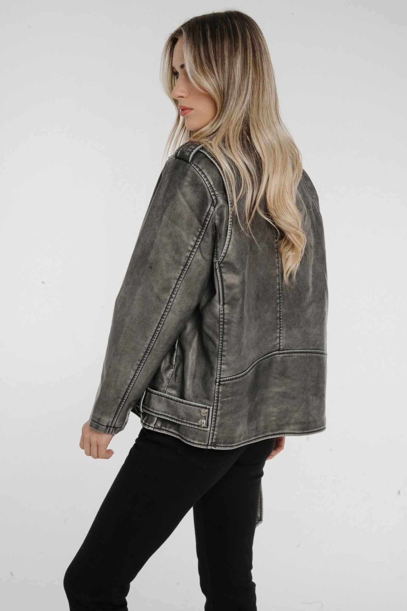 Caitlyn Oversized Distressed Leather Jacket In Grey Mix - The Walk in Wardrobe