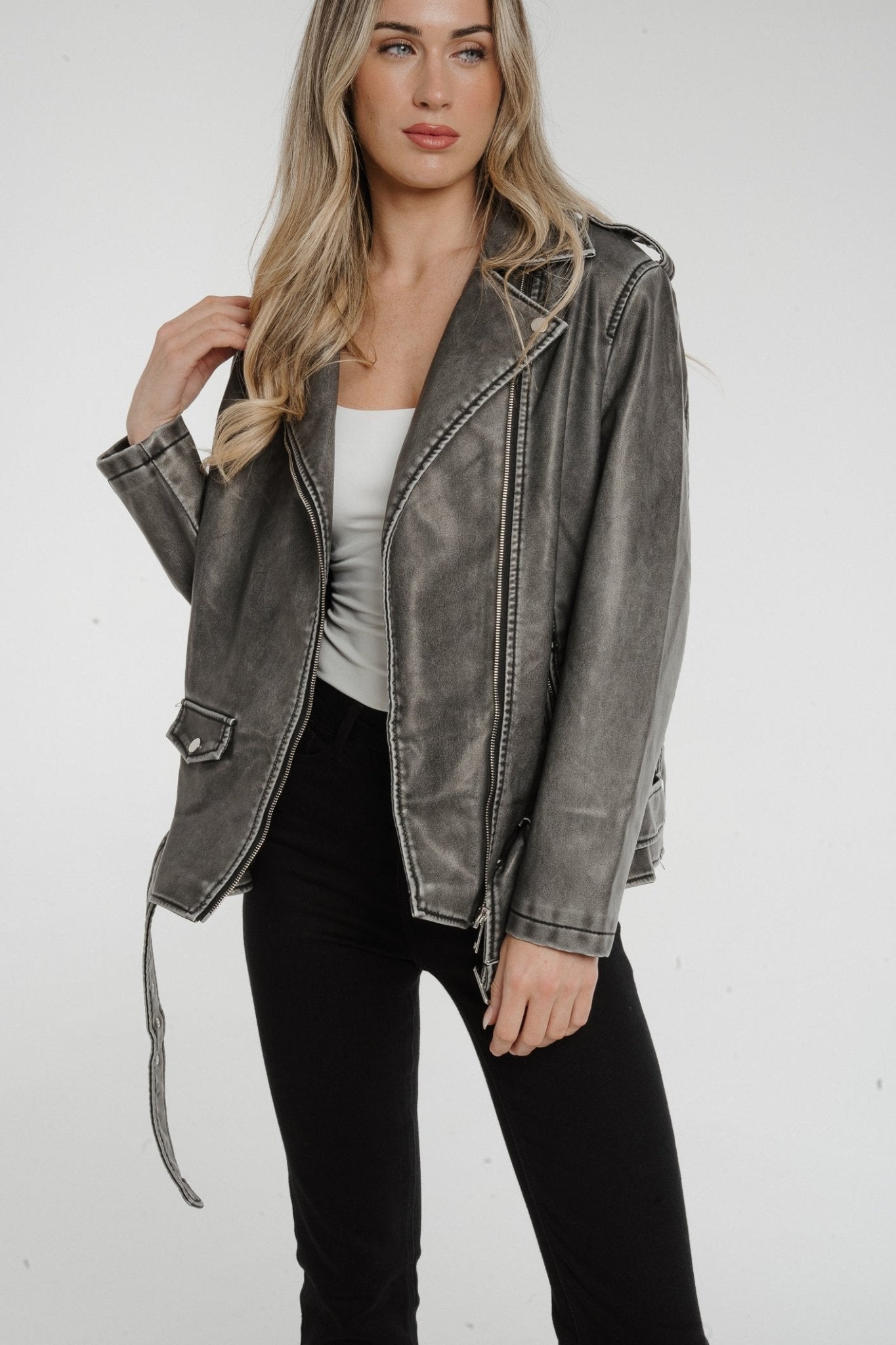 Caitlyn Oversized Distressed Leather Jacket In Grey Mix - The Walk in Wardrobe