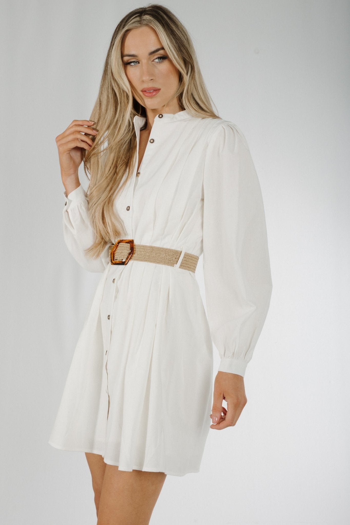 Caitlyn Pleated Shirt Dress In White - The Walk in Wardrobe