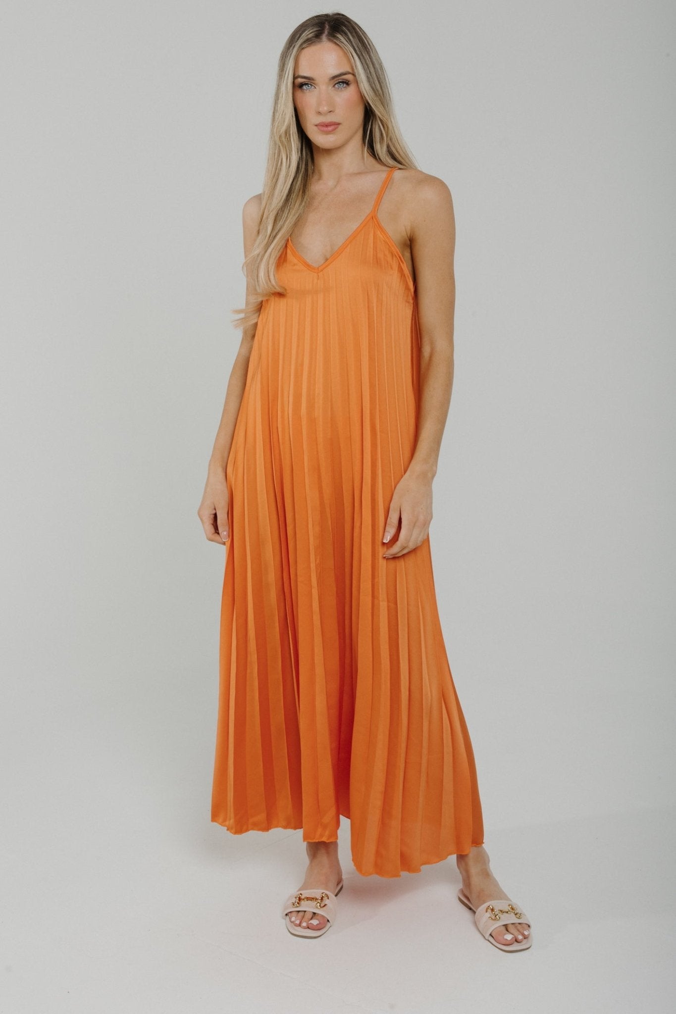 Caitlyn Pleated V-Neck Maxi Dress In Orange - The Walk in Wardrobe