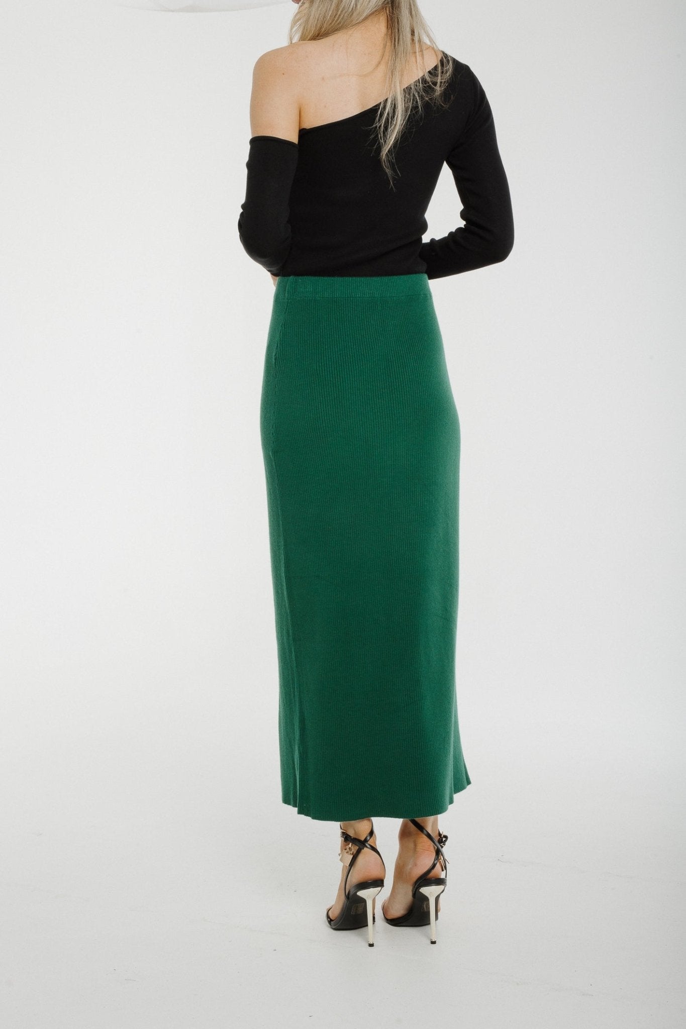 Caitlyn Ribbed Knit Midi Skirt In Green - The Walk in Wardrobe