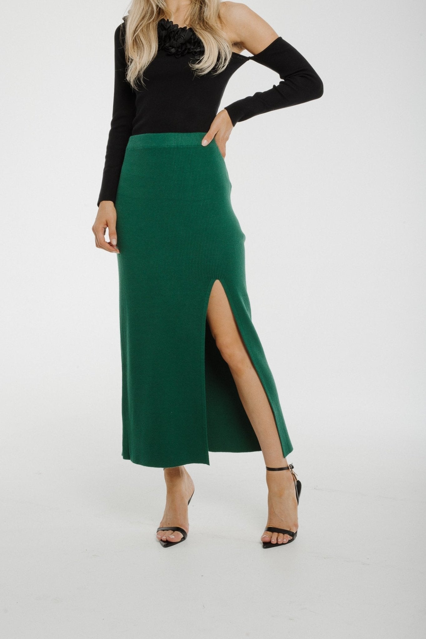Caitlyn Ribbed Knit Midi Skirt In Green - The Walk in Wardrobe