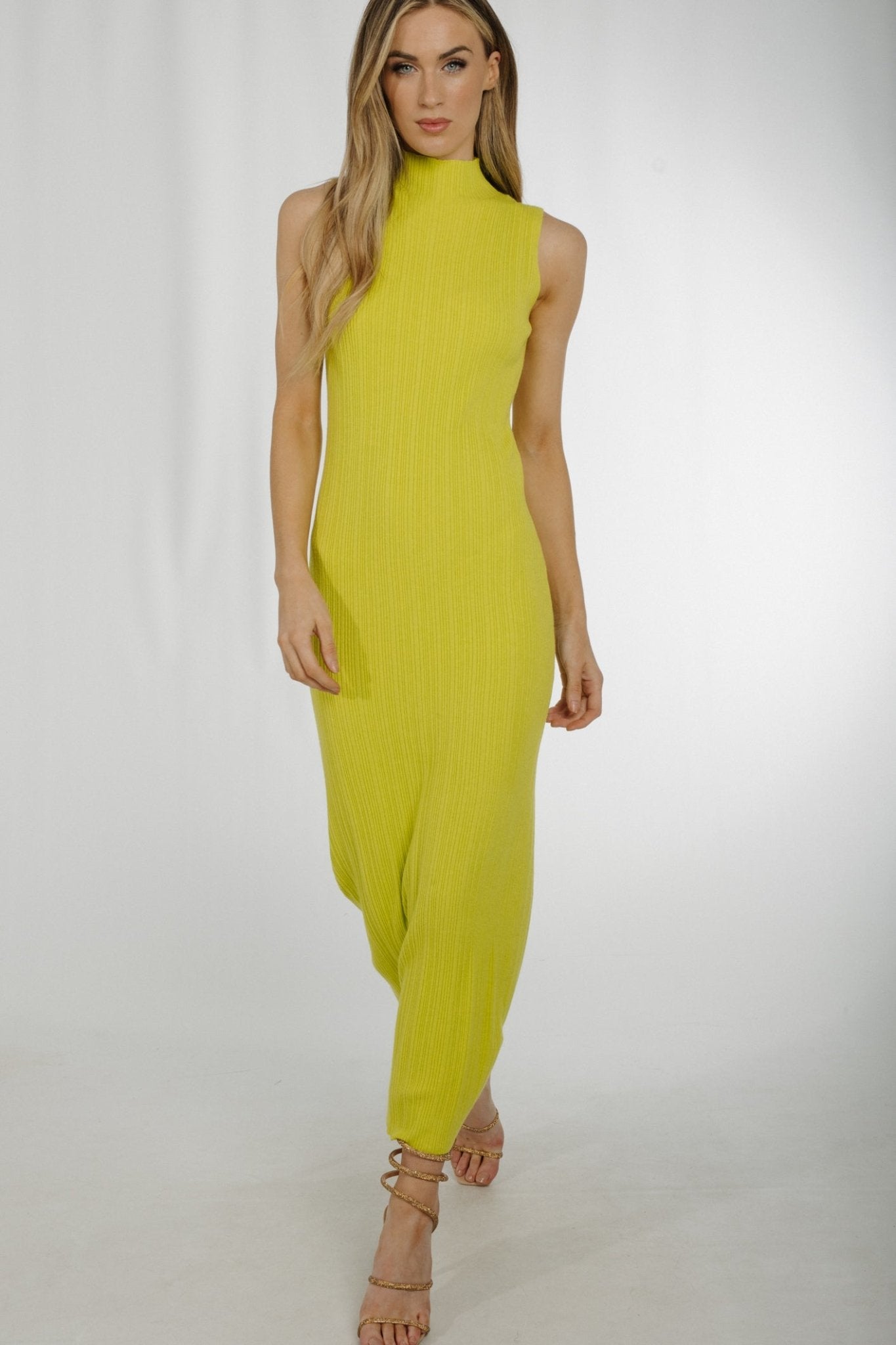 Caitlyn Ribbed Midi Dress In Lime - The Walk in Wardrobe
