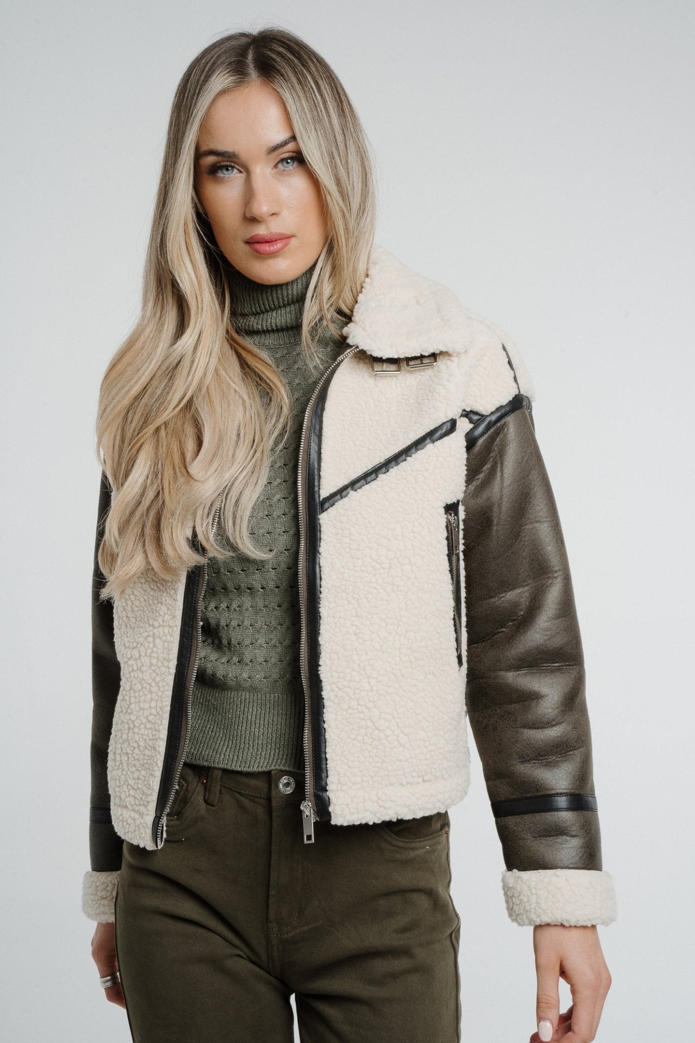 Caitlyn Shearling Faux Leather Jacket In Khaki - The Walk in Wardrobe