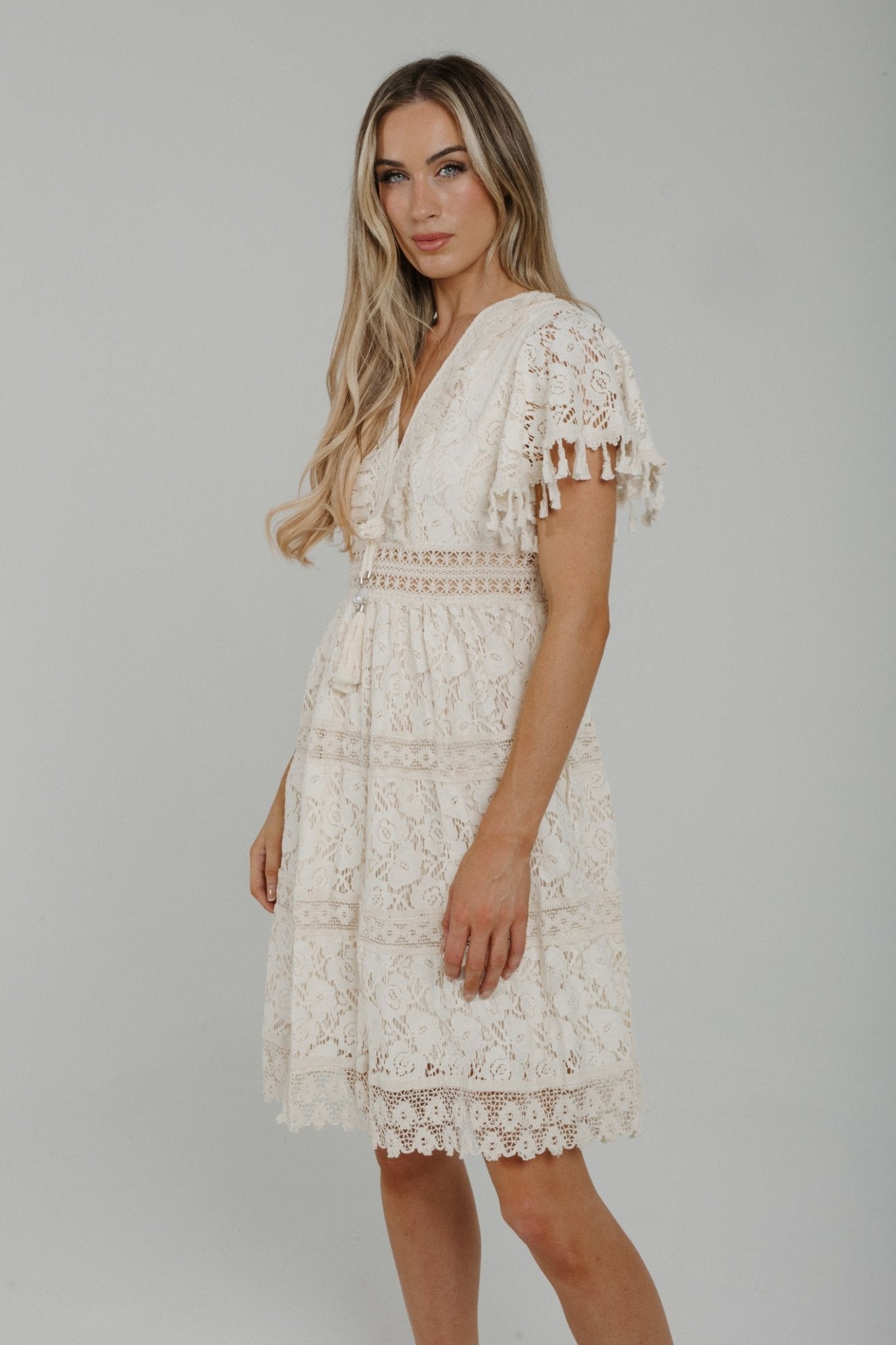 Caitlyn V-Neck Crochet Dress In Cream - The Walk in Wardrobe