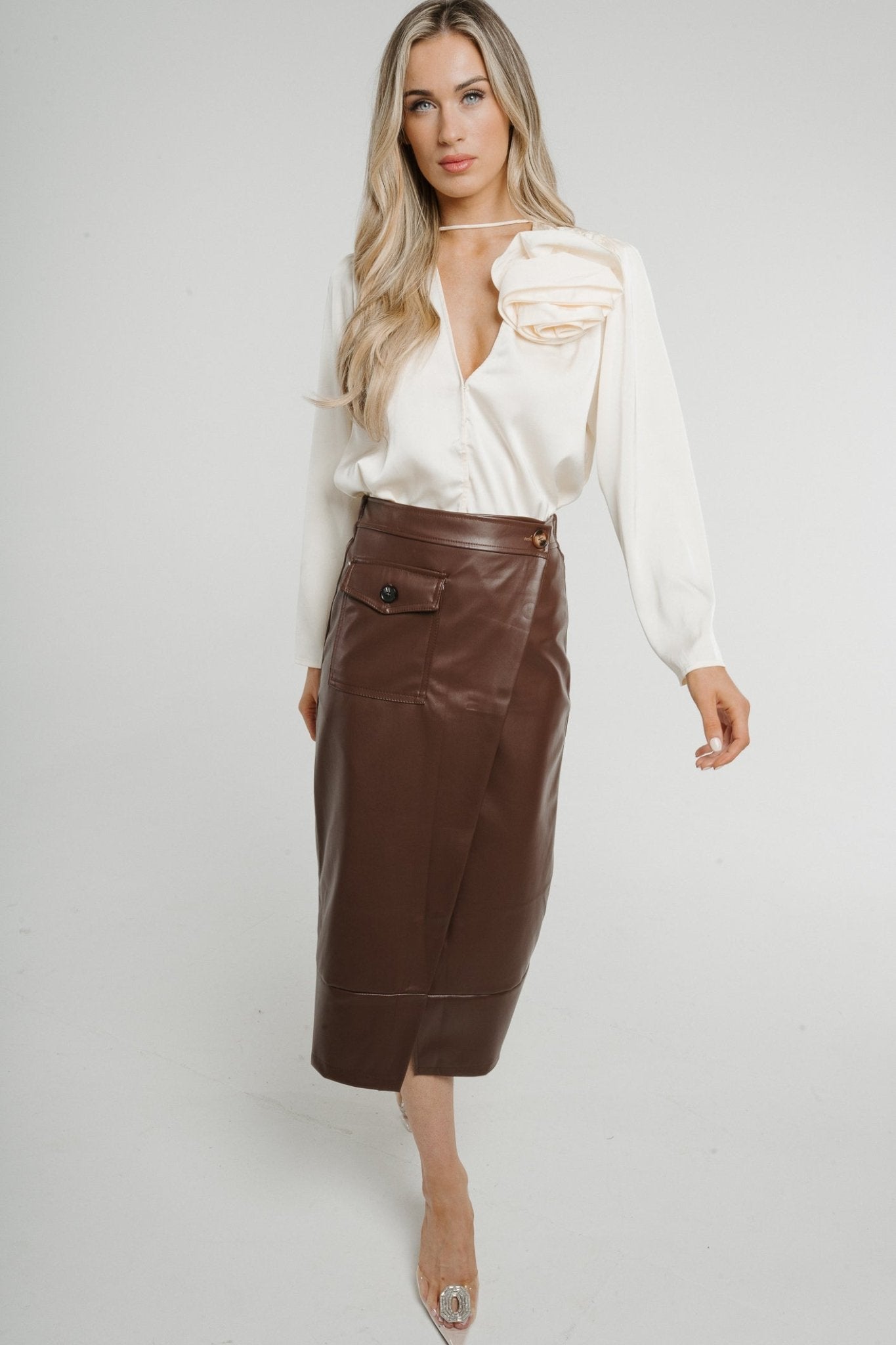 Caitlyn Wrap Faux Leather Midi Skirt Chocolate - The Walk in Wardrobe