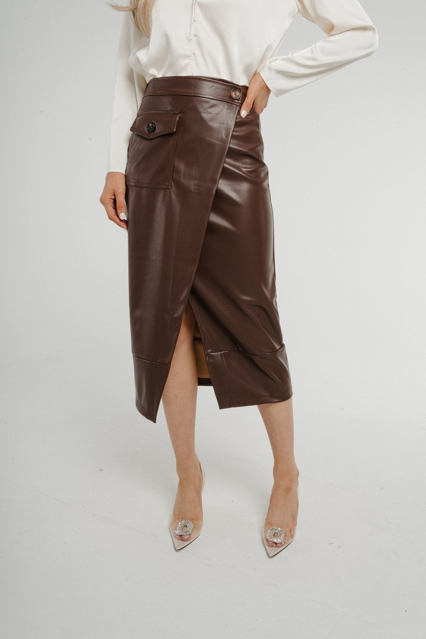 Caitlyn Wrap Faux Leather Midi Skirt Chocolate - The Walk in Wardrobe