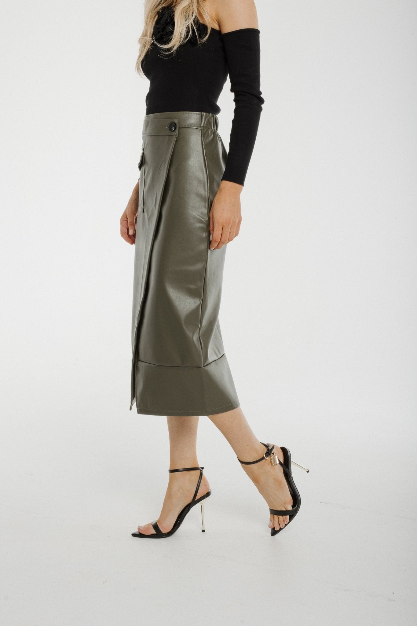 Caitlyn Wrap Faux Leather Midi Skirt In Khaki - The Walk in Wardrobe