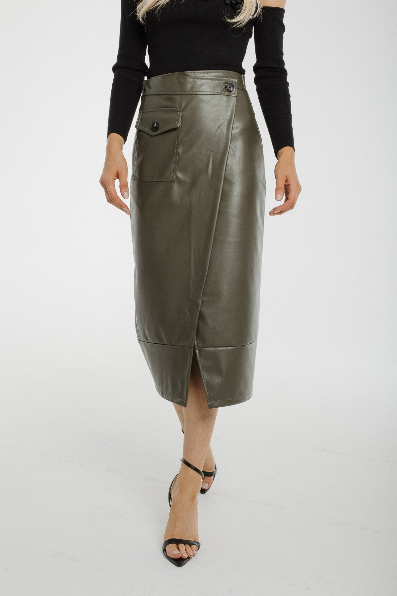 Caitlyn Wrap Faux Leather Midi Skirt In Khaki - The Walk in Wardrobe
