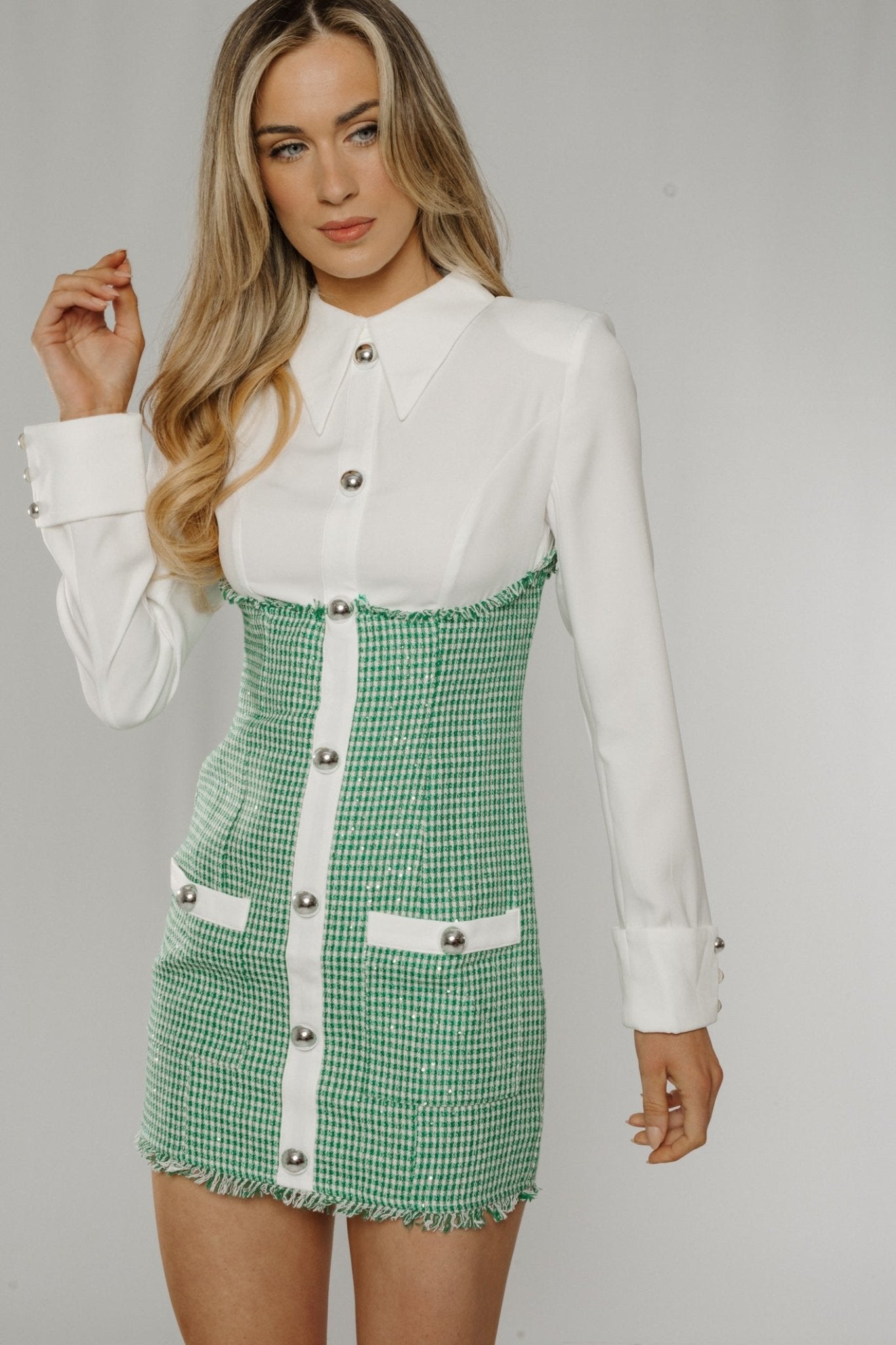 Cara Contrast Dress In White & Green - The Walk in Wardrobe