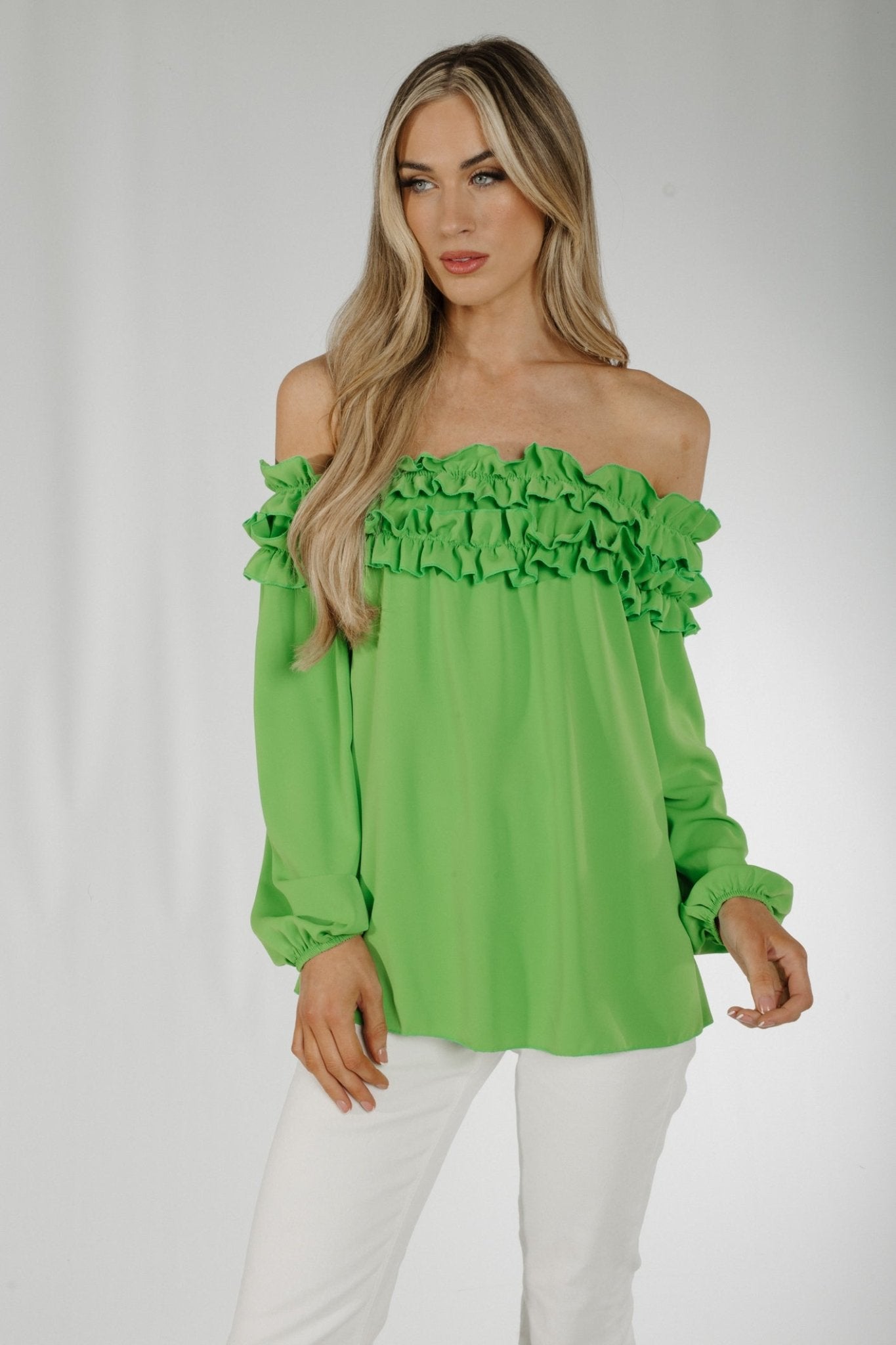 Cara Off The Shoulder Blouse In Green - The Walk in Wardrobe