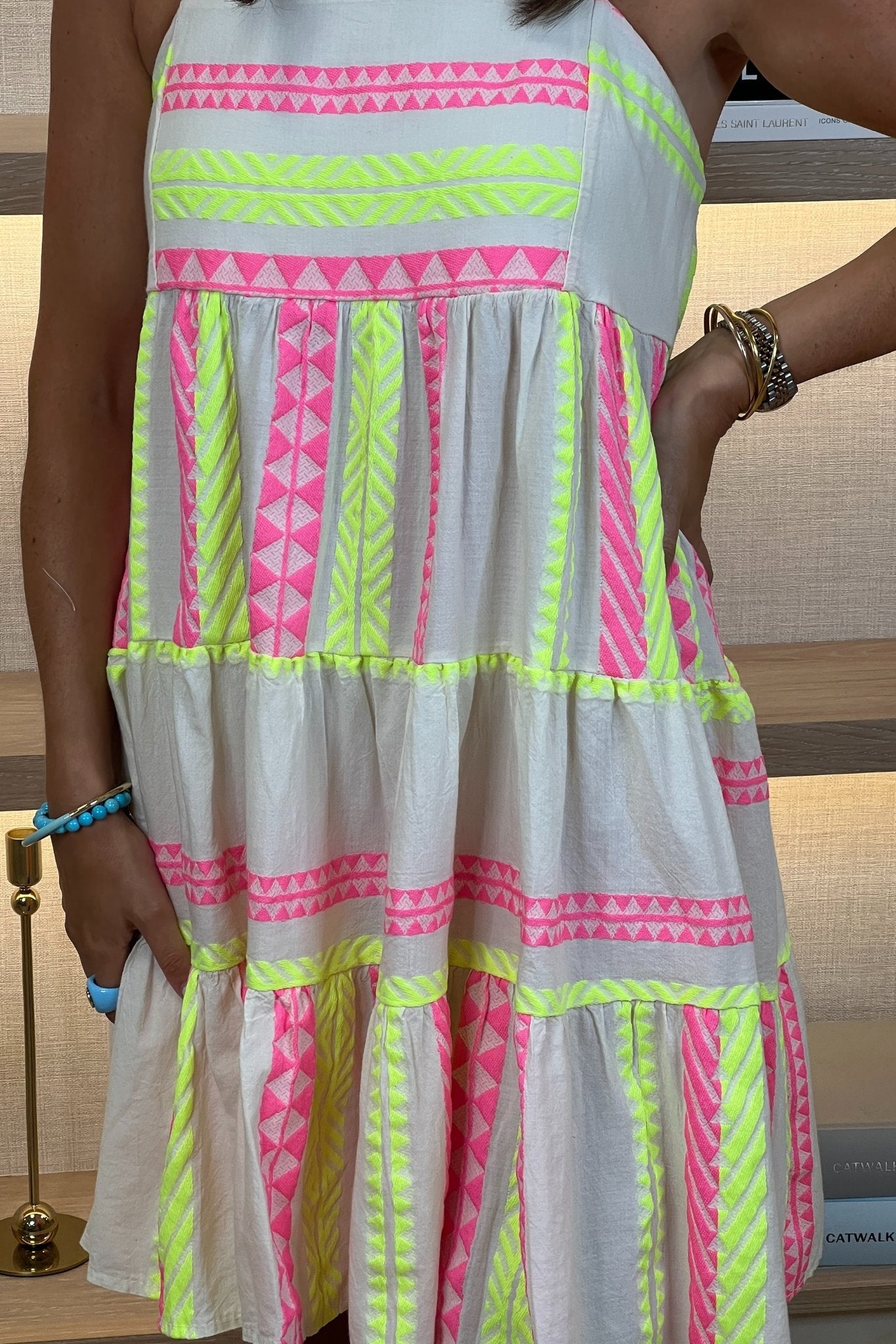 Cathy Neon Aztec Dress In Pink Mix - The Walk in Wardrobe