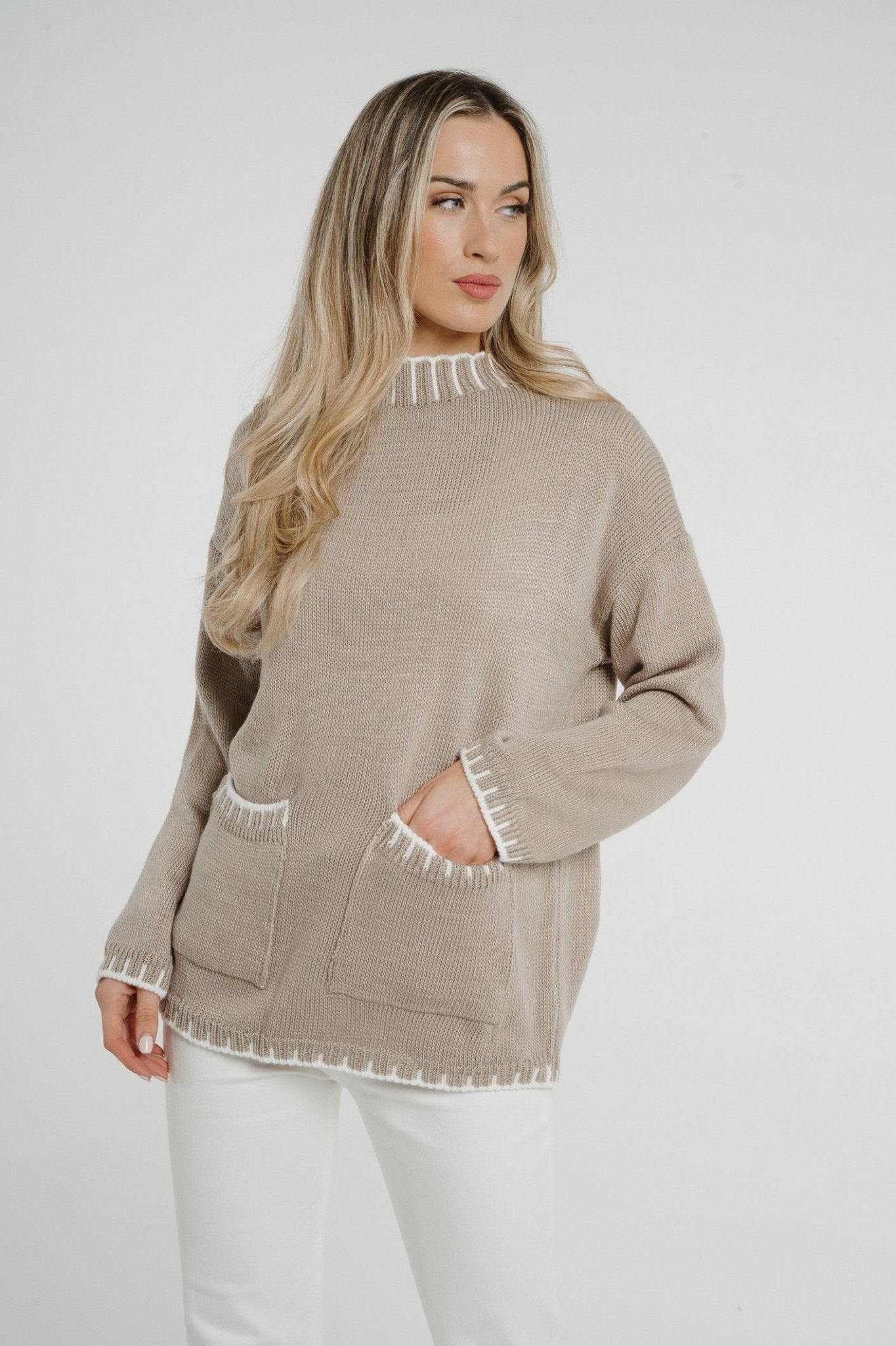 Cathy Piped Trim Jumper In Taupe - The Walk in Wardrobe