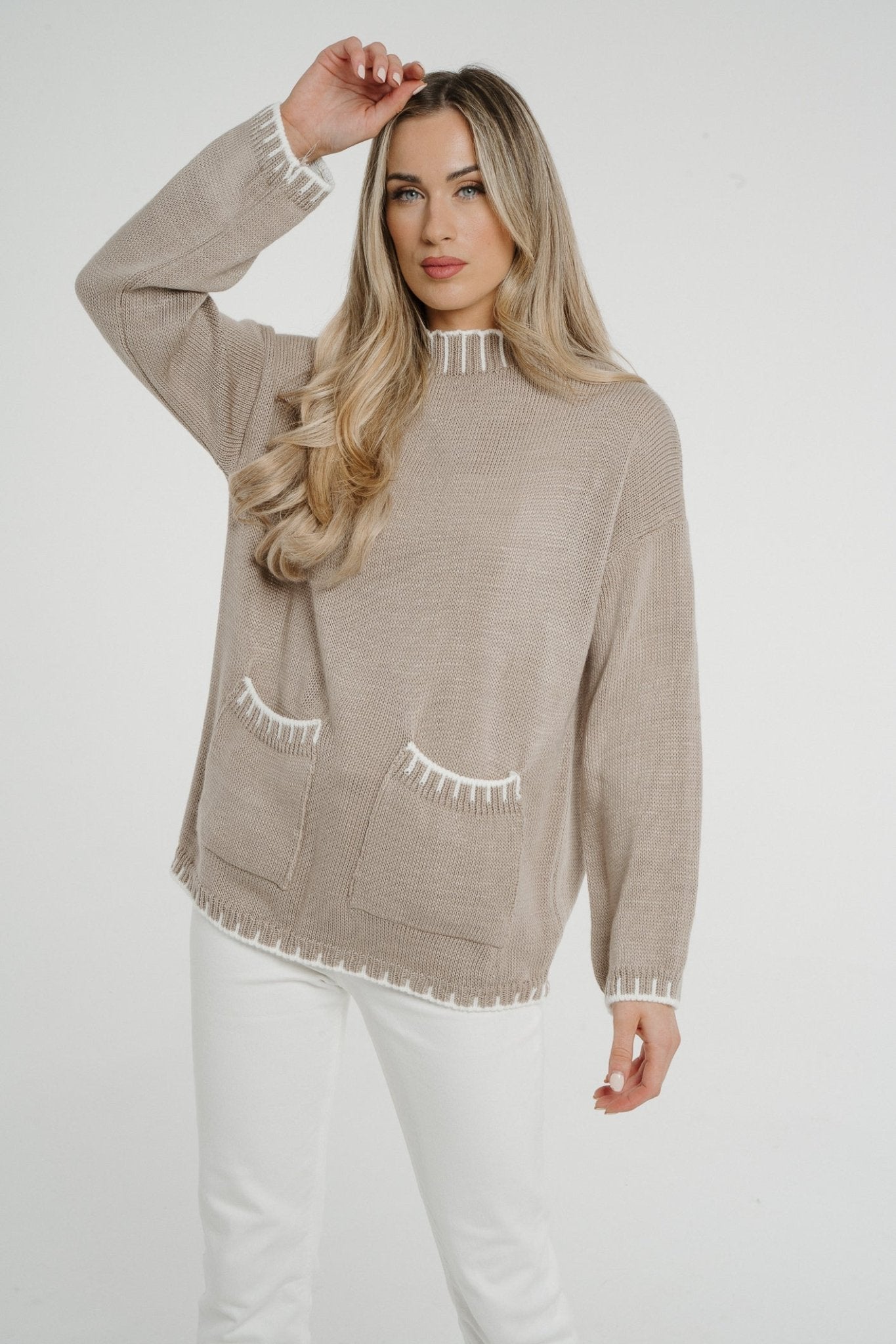 Cathy Piped Trim Jumper In Taupe - The Walk in Wardrobe