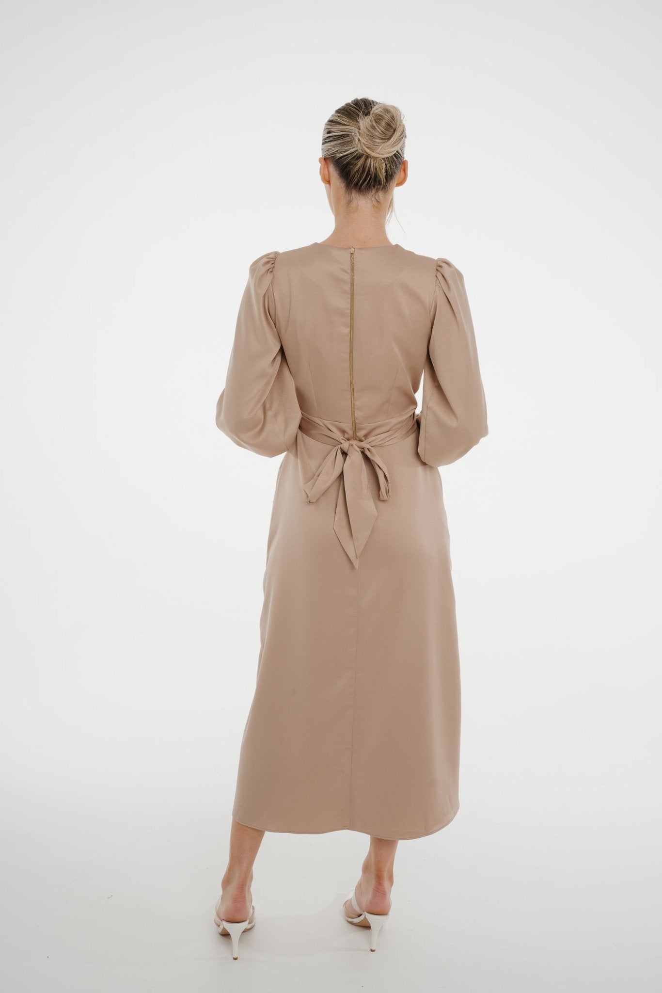 Celine A-Line Satin Mix Dress In Mocha - The Walk in Wardrobe