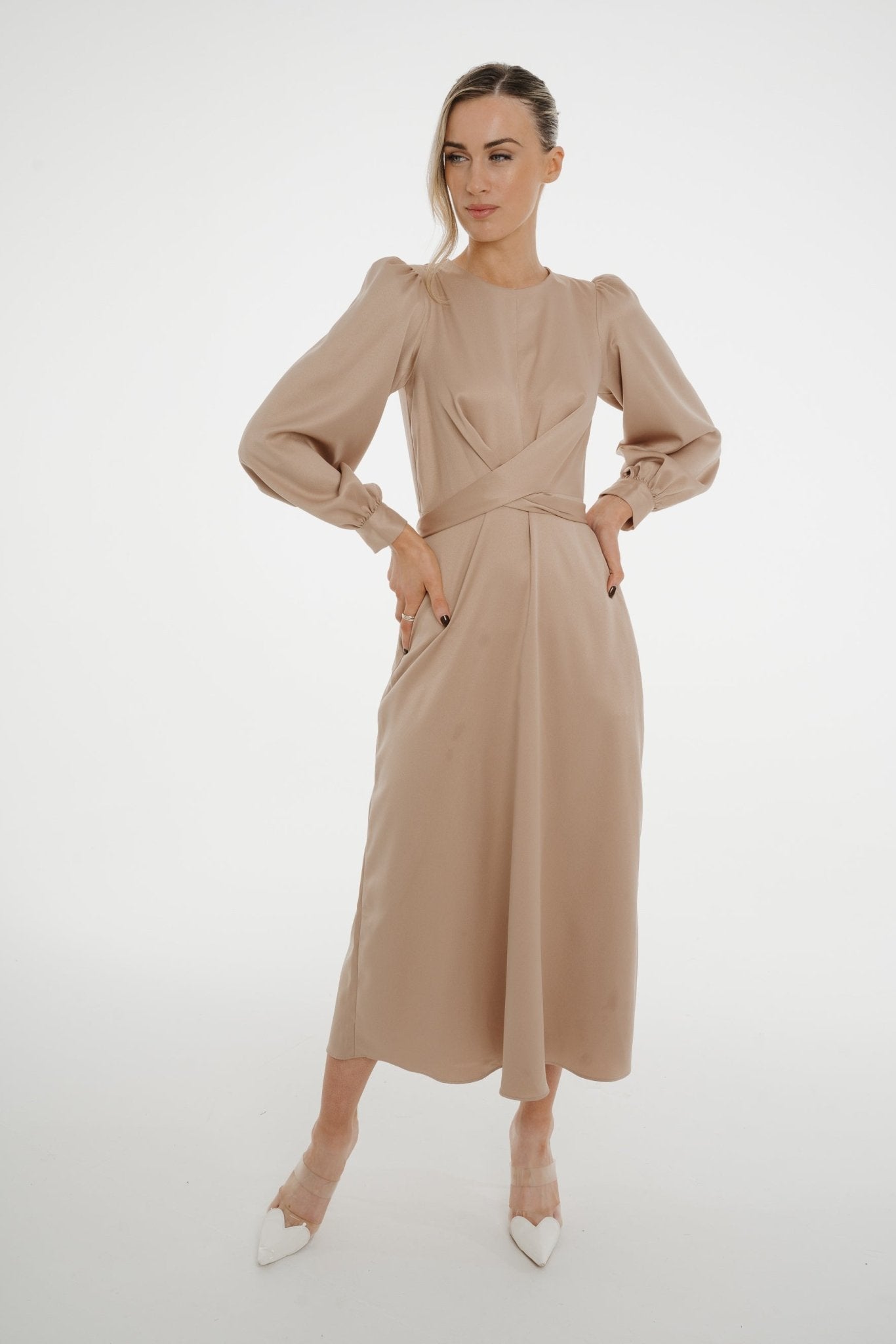 Celine A-Line Satin Mix Dress In Mocha - The Walk in Wardrobe