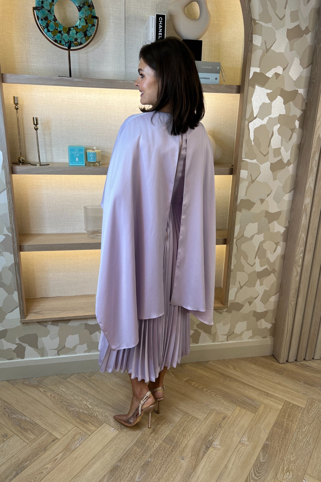 Celine Cape Detail Pleated Dress In Lilac - The Walk in Wardrobe