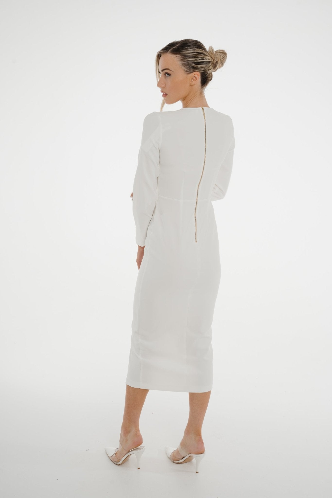 Celine Pencil Drape Midi Dress In Ivory - The Walk in Wardrobe