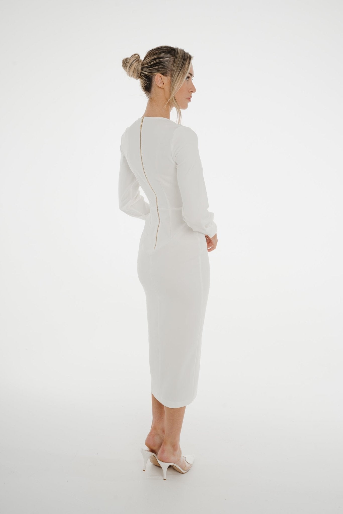 Celine Pencil Drape Midi Dress In Ivory - The Walk in Wardrobe
