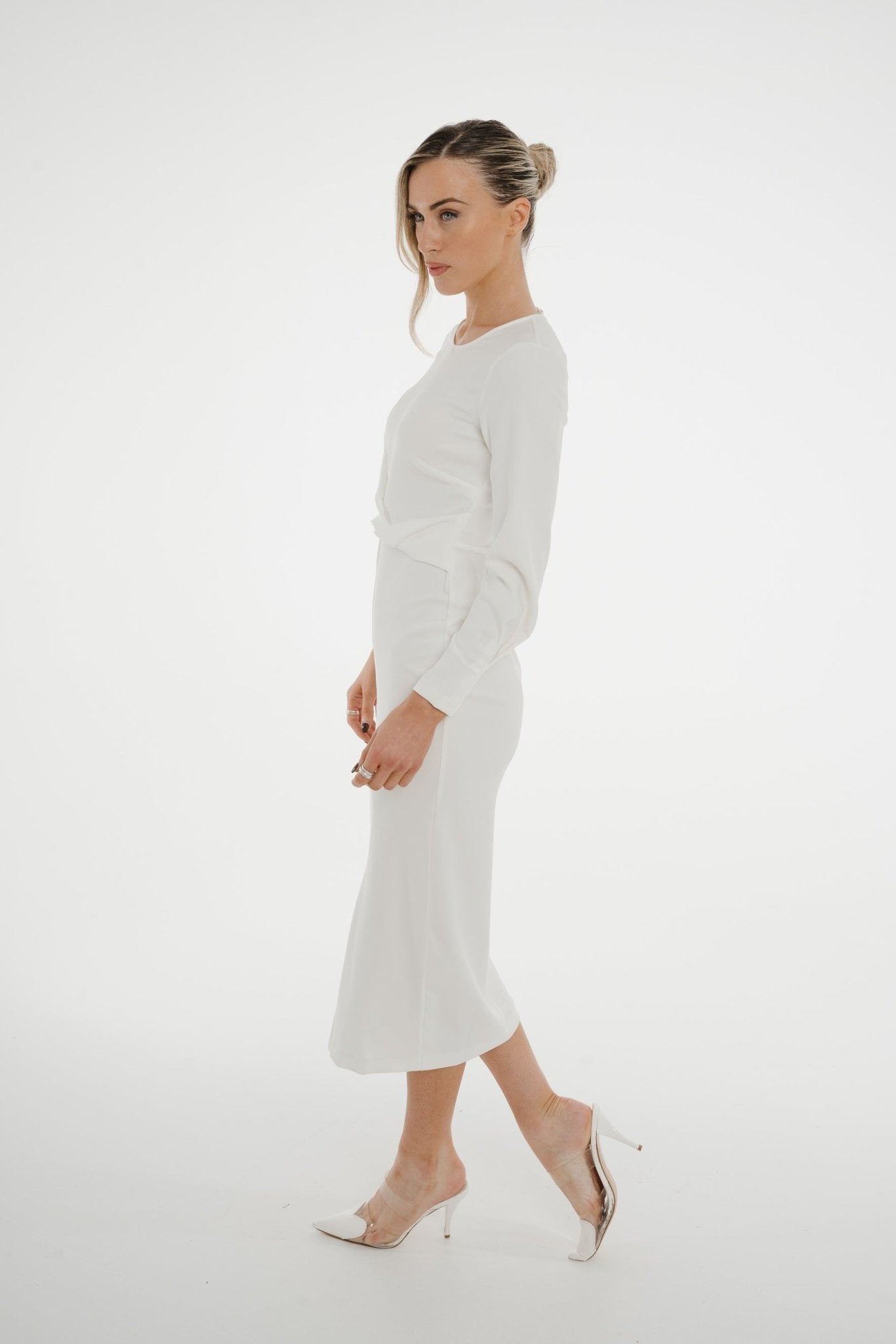 Celine Pencil Drape Midi Dress In Ivory - The Walk in Wardrobe