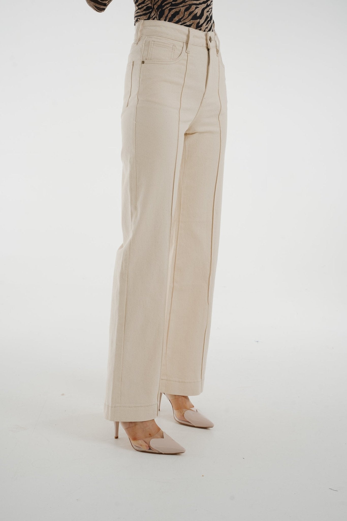 Cindy Seam Front Wide Leg Jean In Cream - The Walk in Wardrobe