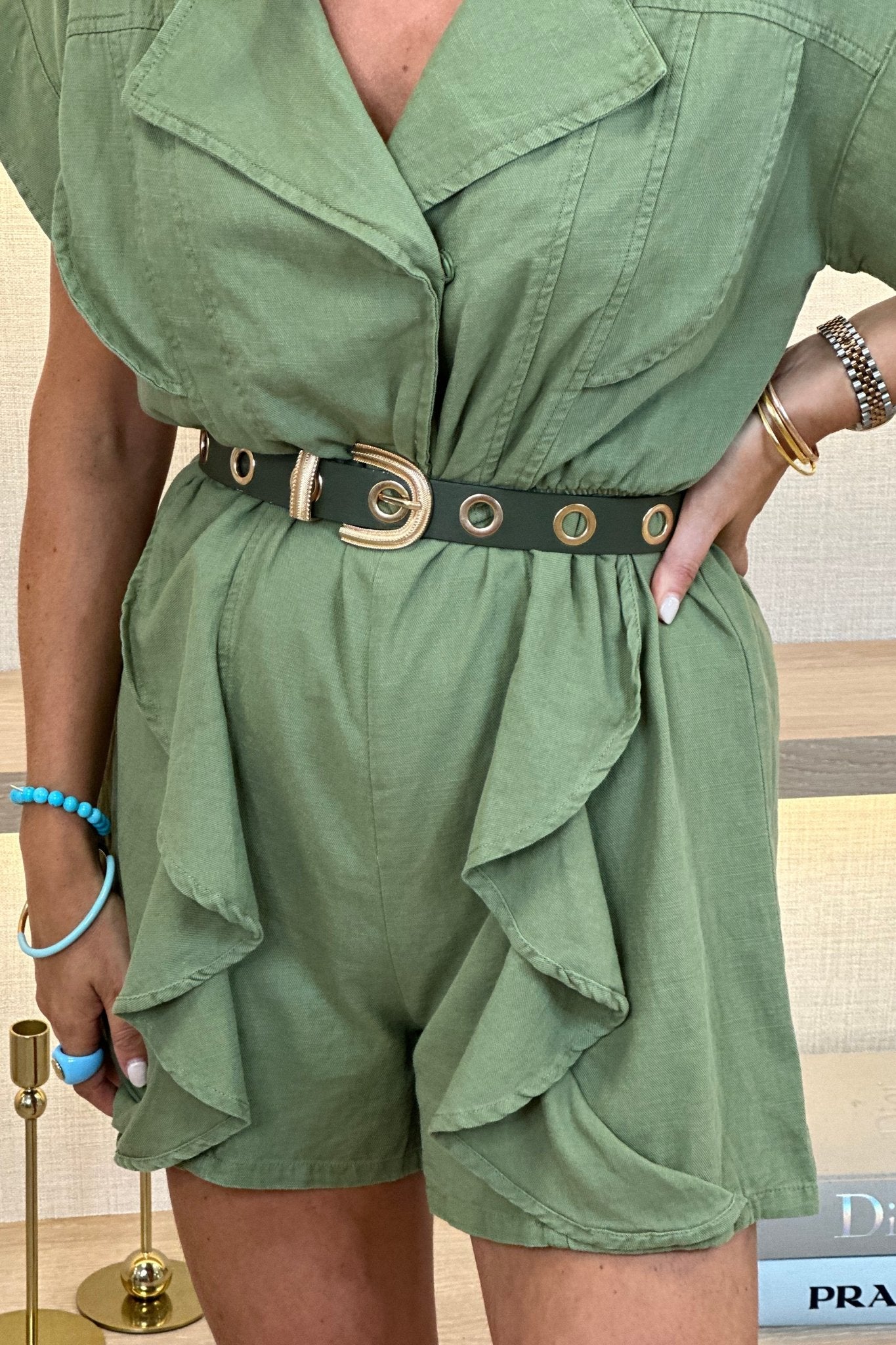 Cora Frill Detail Playsuit In Khaki - The Walk in Wardrobe