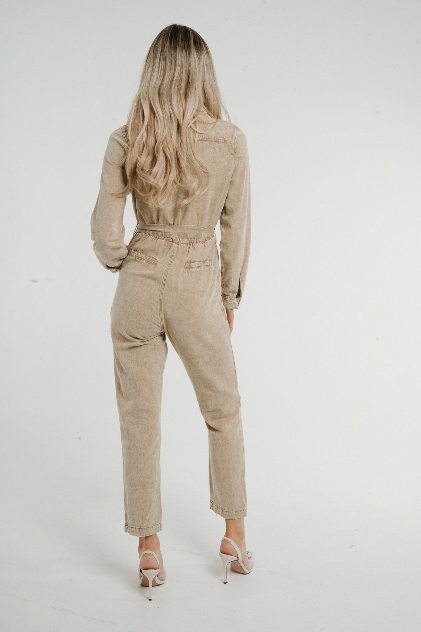 Cora Zip Front Jumpsuit In Beige - The Walk in Wardrobe