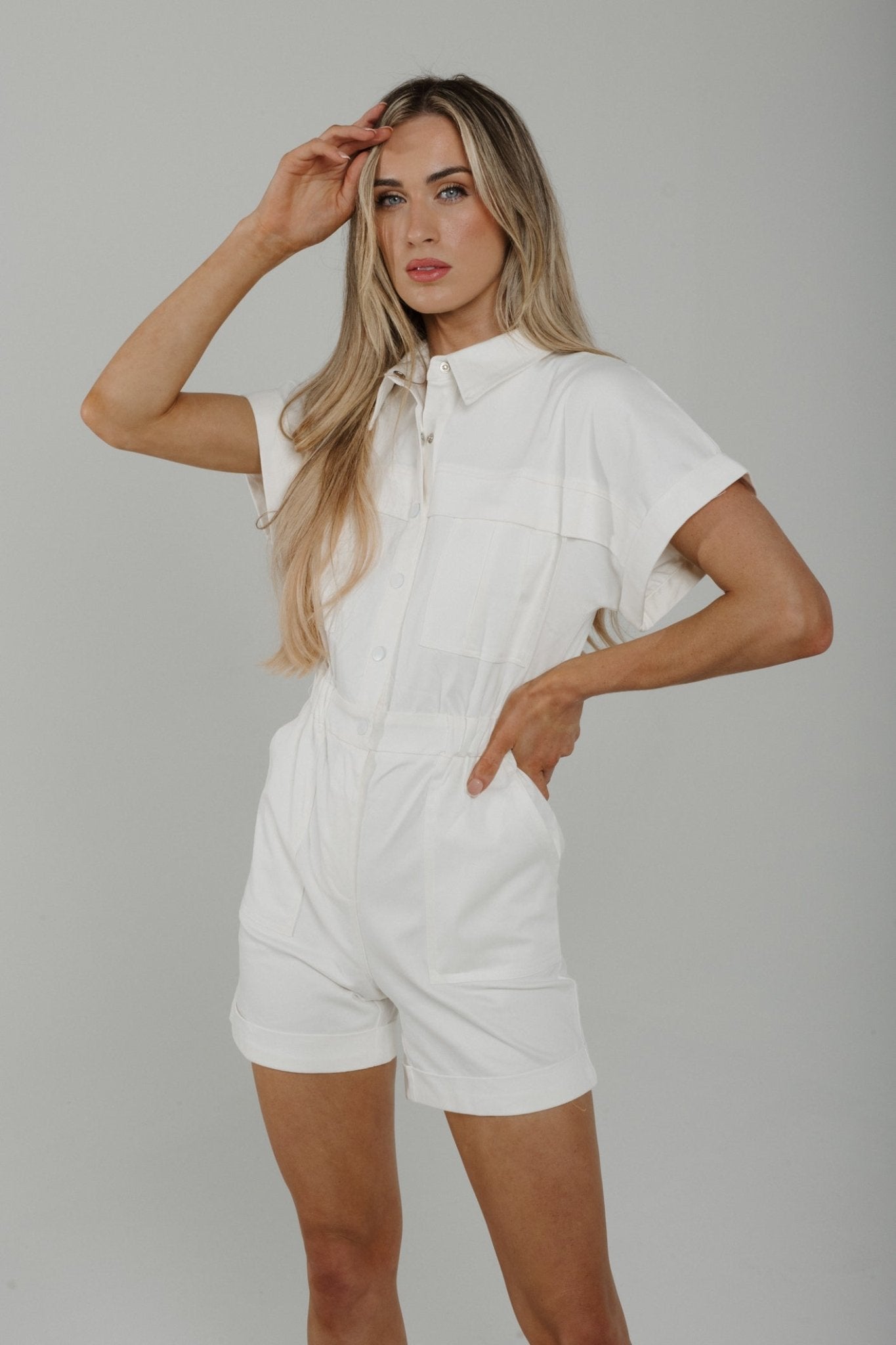 Daisy Button Front Playsuit In White - The Walk in Wardrobe