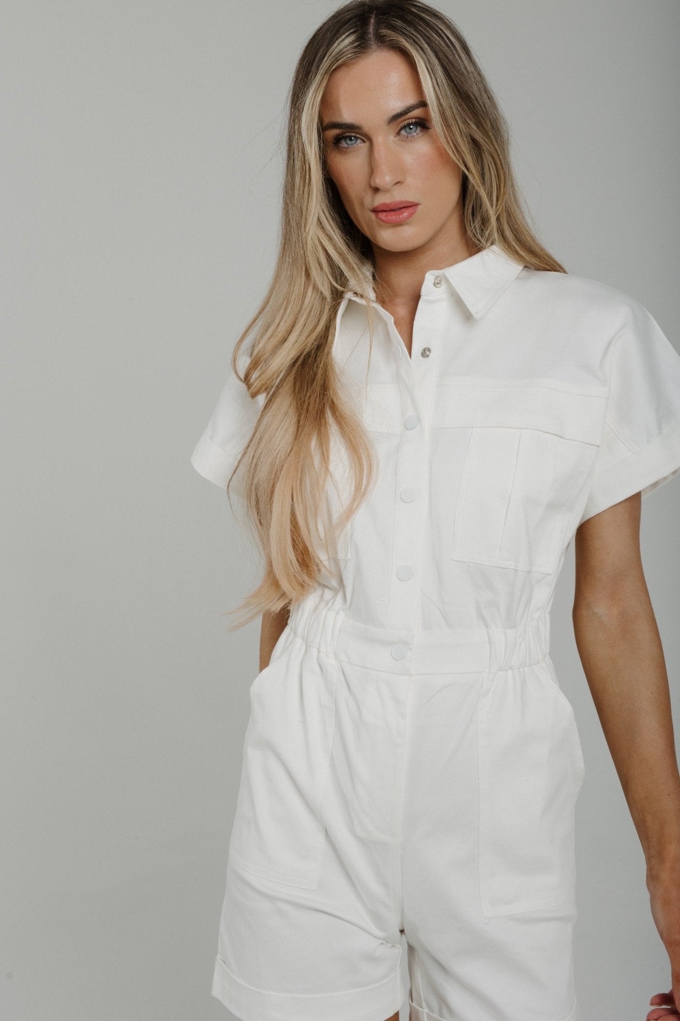 Daisy Button Front Playsuit In White - The Walk in Wardrobe