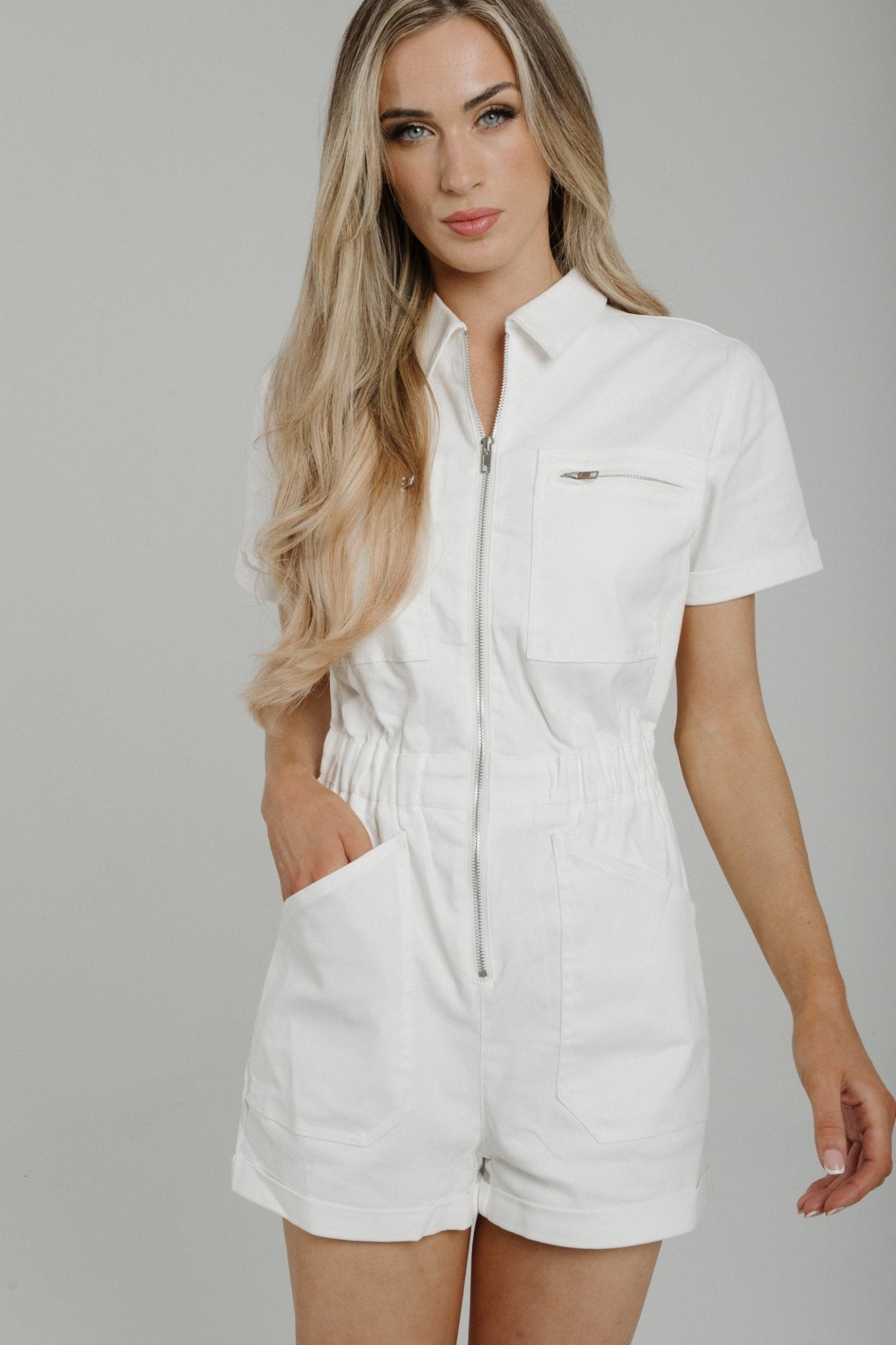 Daisy Zip Front Playsuit In White - The Walk in Wardrobe
