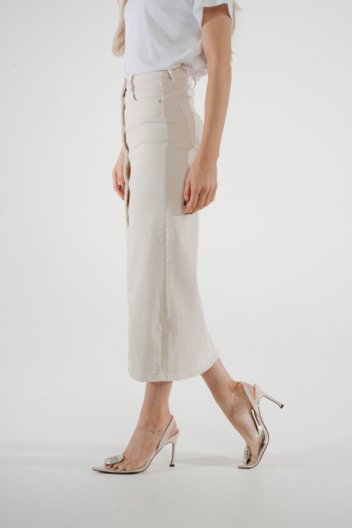Danni Denim Midi Skirt In Cream - The Walk in Wardrobe