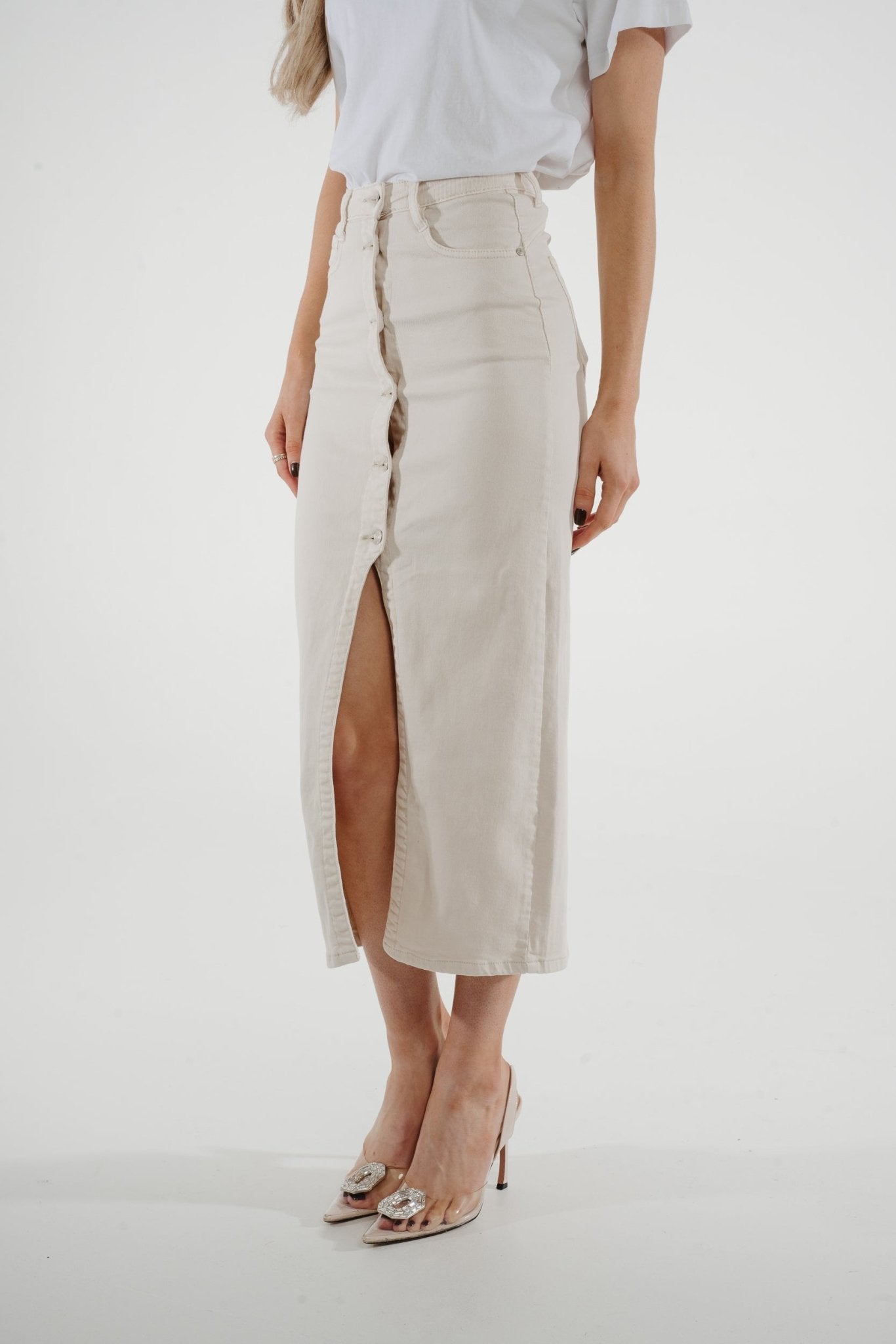 Danni Denim Midi Skirt In Cream - The Walk in Wardrobe