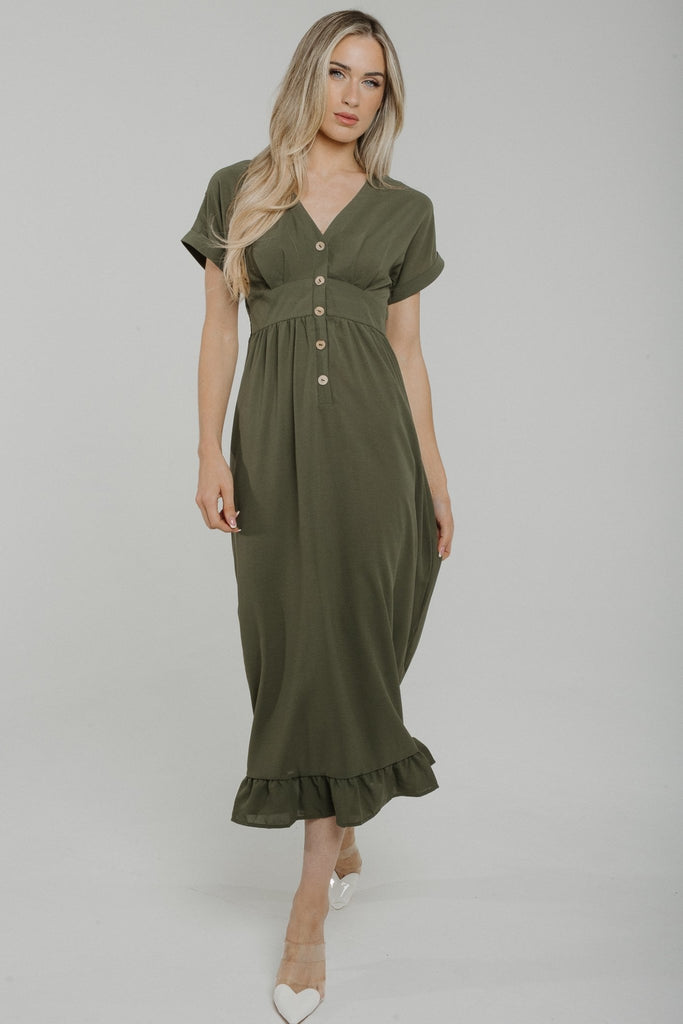 Ella Button Front Dress In Khaki - The Walk in Wardrobe