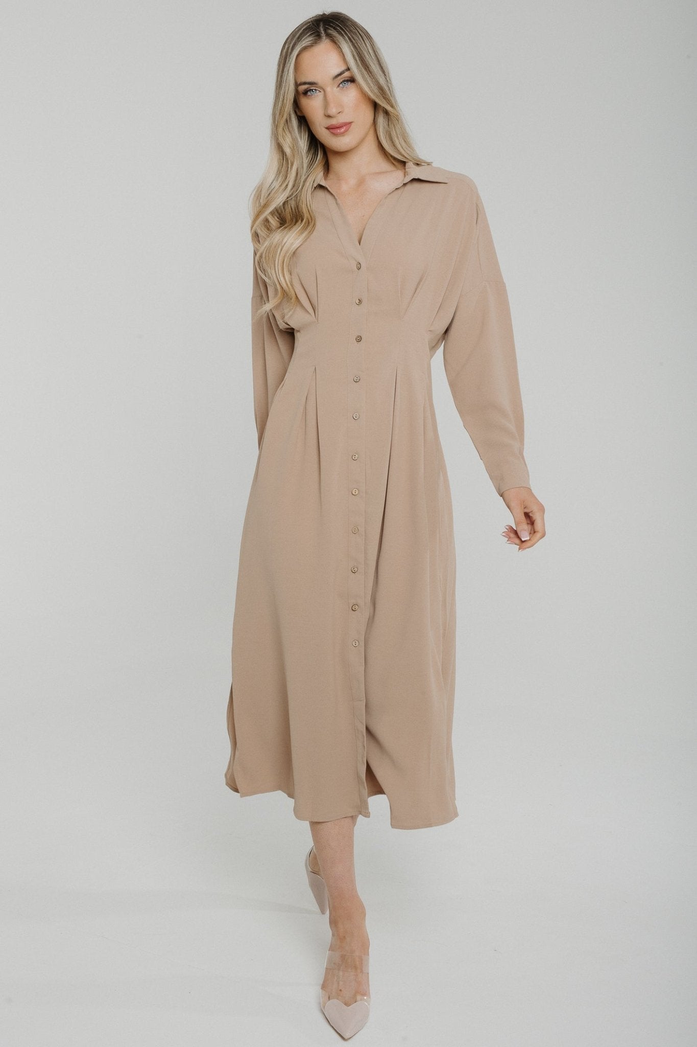 Ella Button Front Midi Dress In Beige - The Walk in Wardrobe