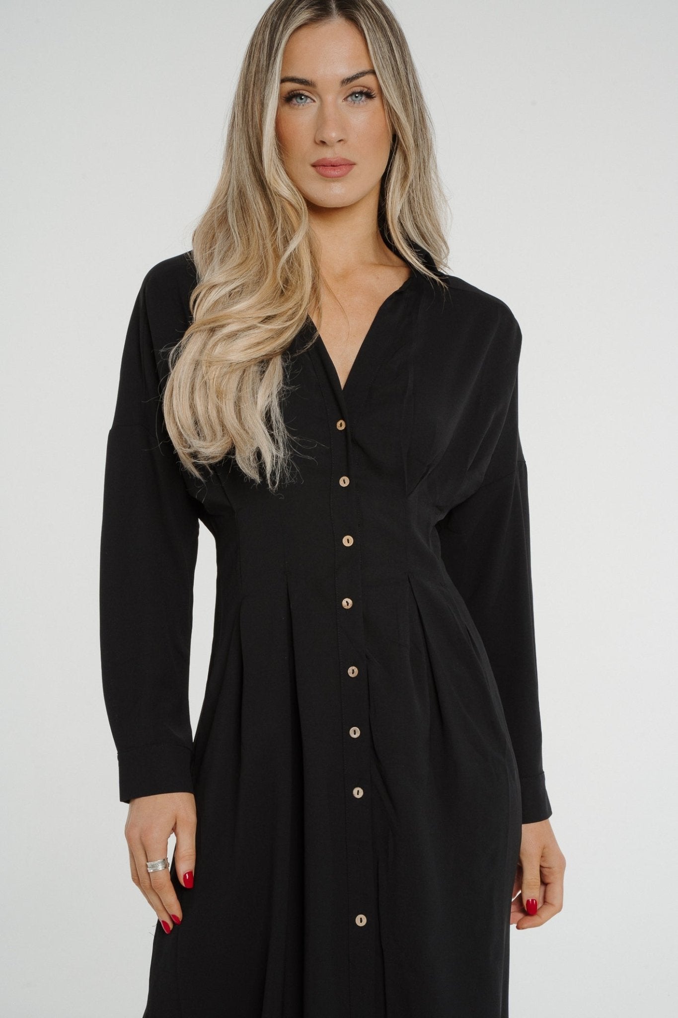 Ella Button Front Midi Dress In Black - The Walk in Wardrobe