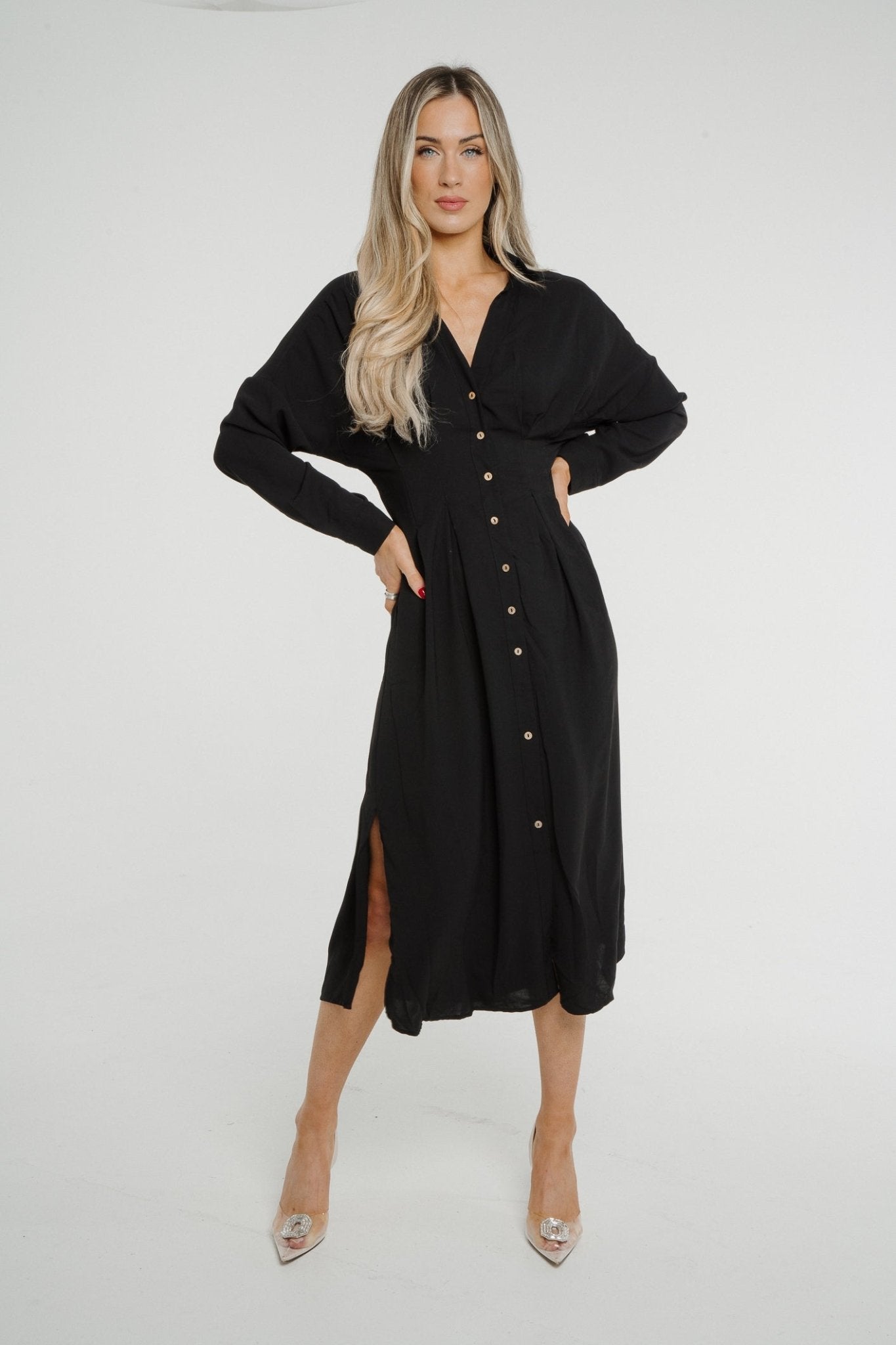 Ella Button Front Midi Dress In Black - The Walk in Wardrobe