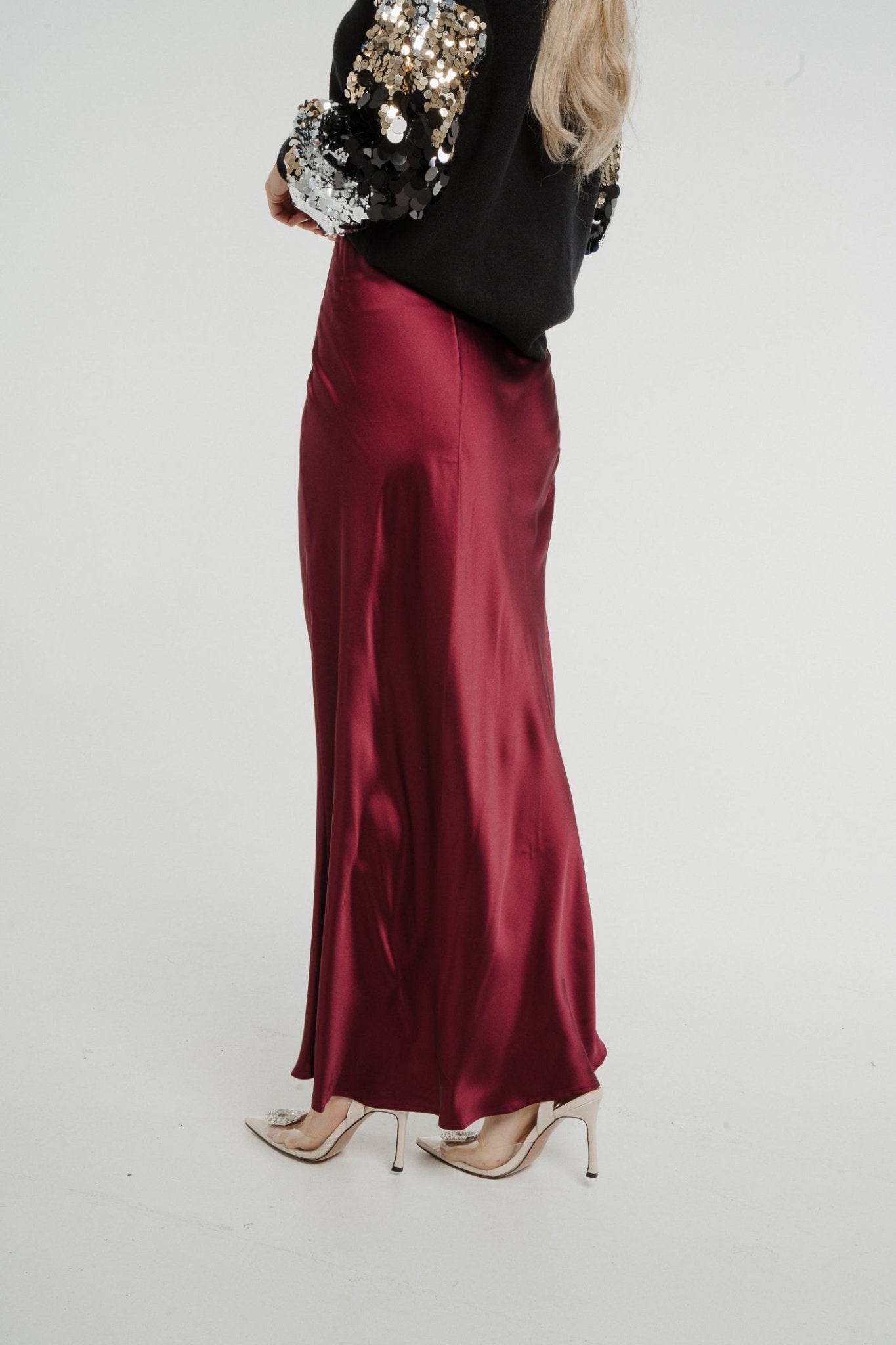 Elsa Longline Satin Skirt In Bordeaux - The Walk in Wardrobe