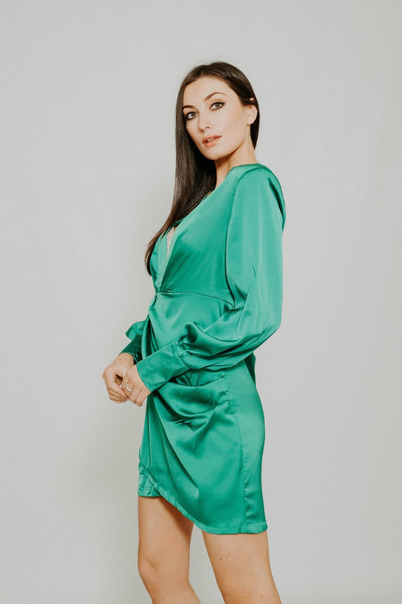 Elsa Satin Wrap Dress In Green - The Walk in Wardrobe