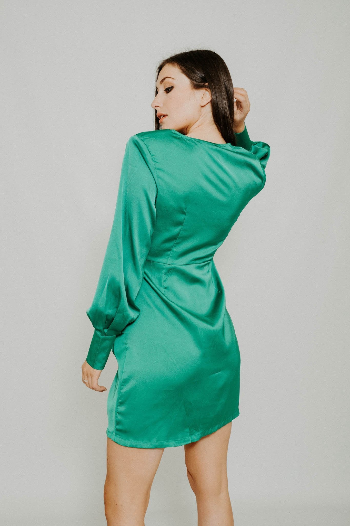 Elsa Satin Wrap Dress In Green - The Walk in Wardrobe