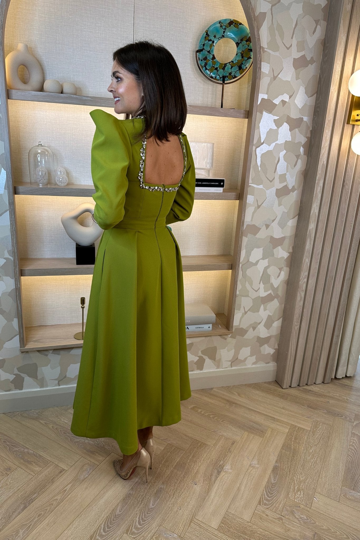 Eva Embellished Detail Dress In Olive Green - The Walk in Wardrobe