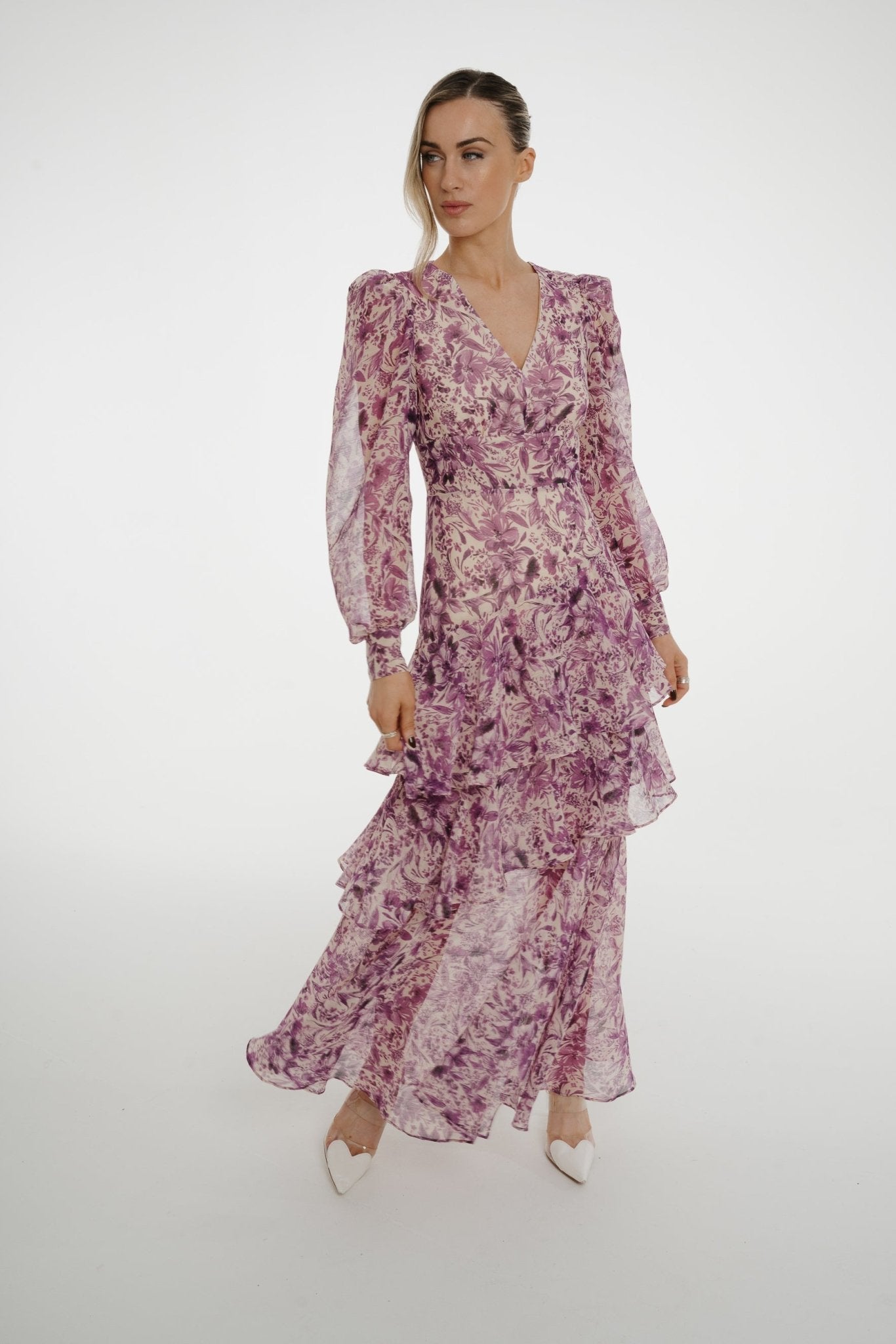 Eva Ruffle Dress In Purple Print - The Walk in Wardrobe