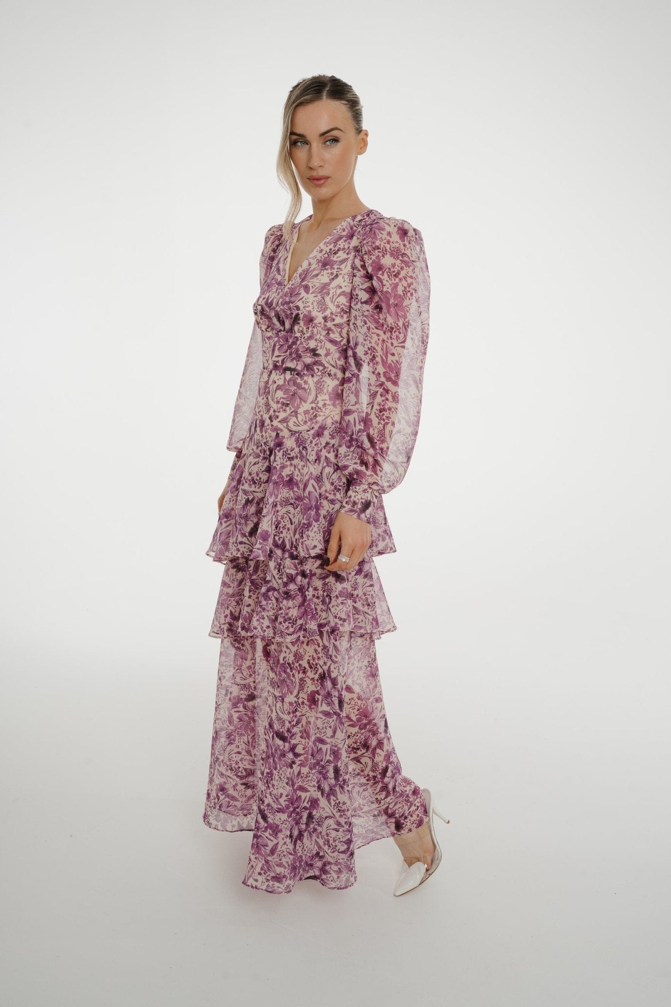 Eva Ruffle Dress In Purple Print - The Walk in Wardrobe