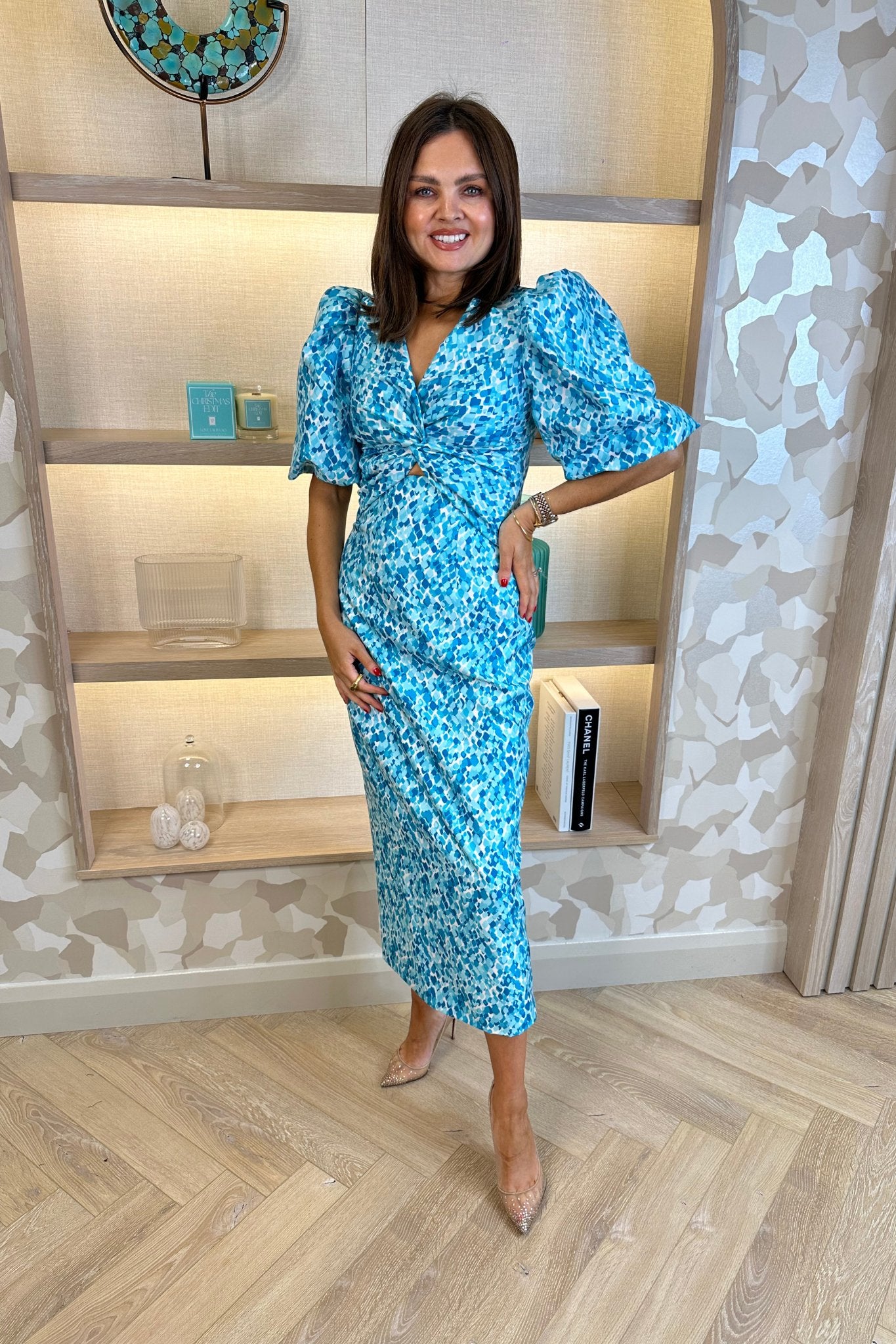 Eva Twist Front Dress In Turquoise Print - The Walk in Wardrobe