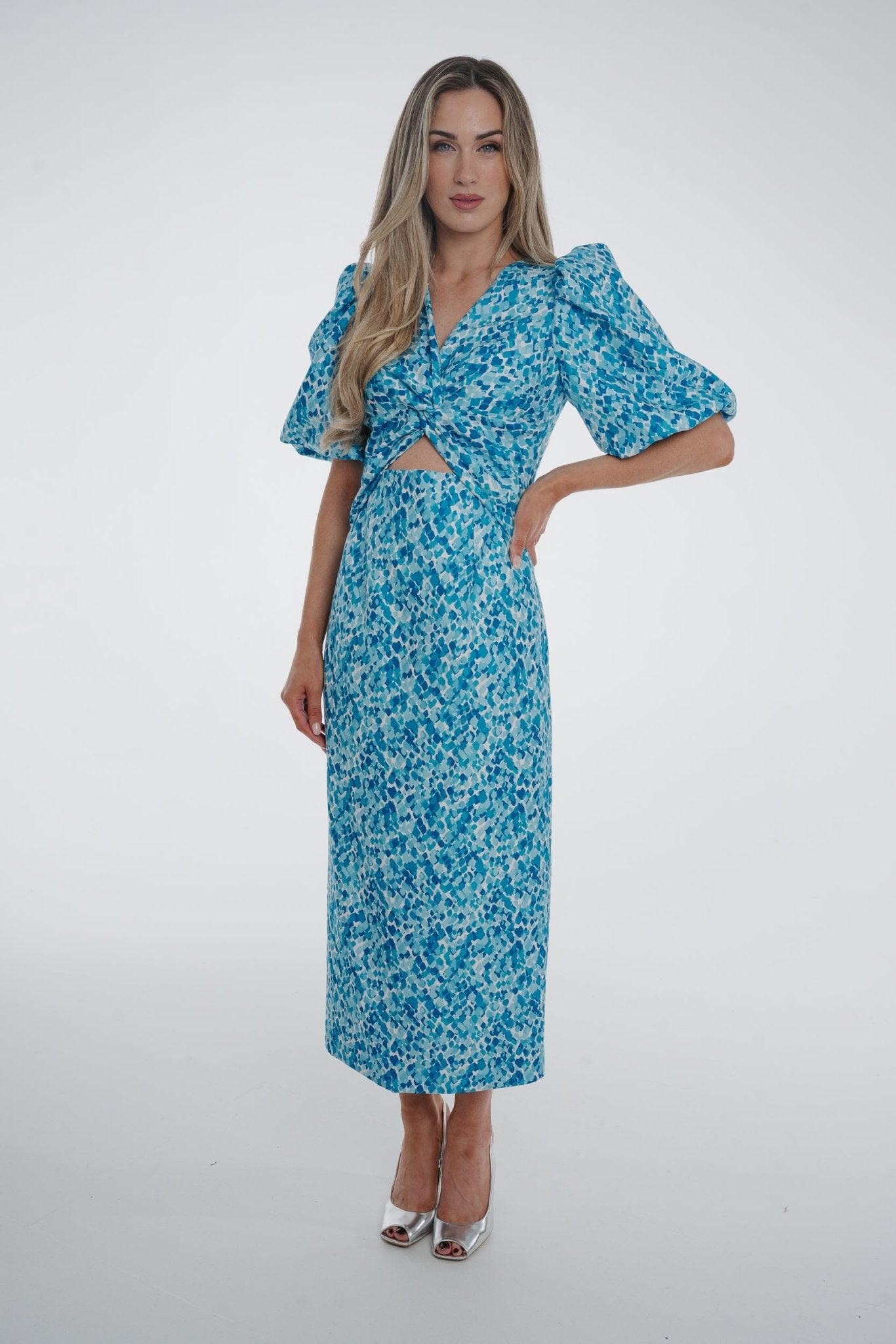 Eva Twist Front Dress In Turquoise Print - The Walk in Wardrobe