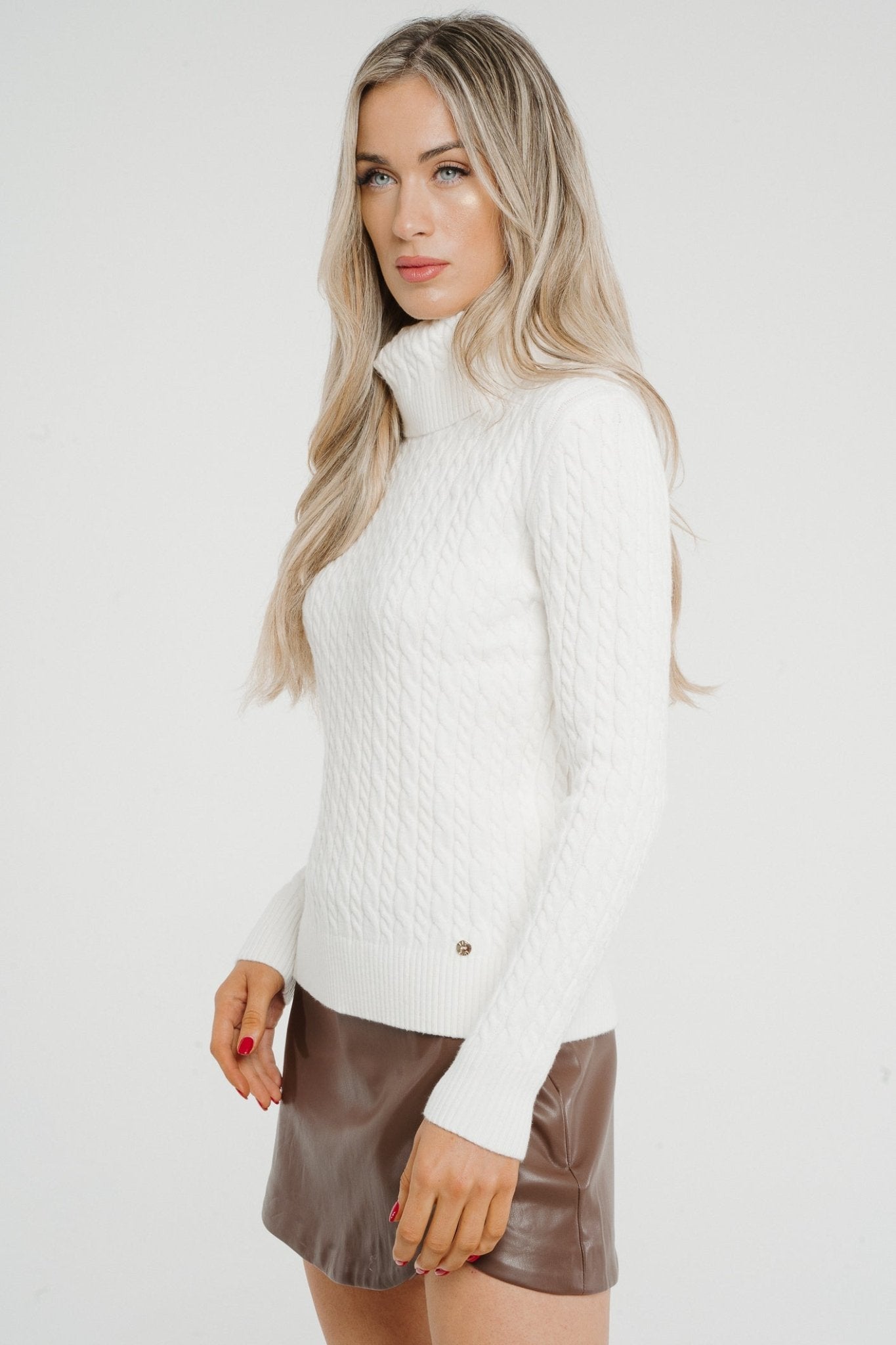 Faye Cable Knit Polo Neck In White - The Walk in Wardrobe