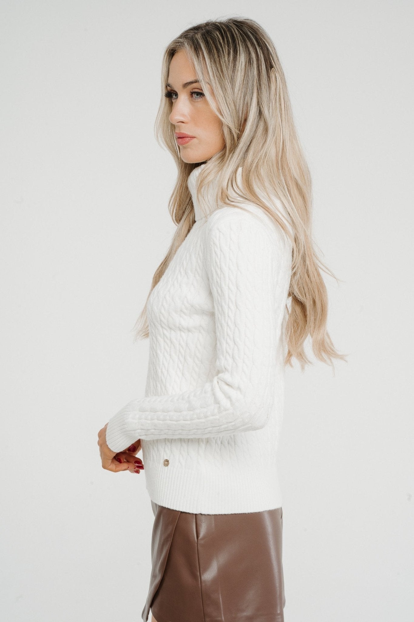 Faye Cable Knit Polo Neck In White - The Walk in Wardrobe