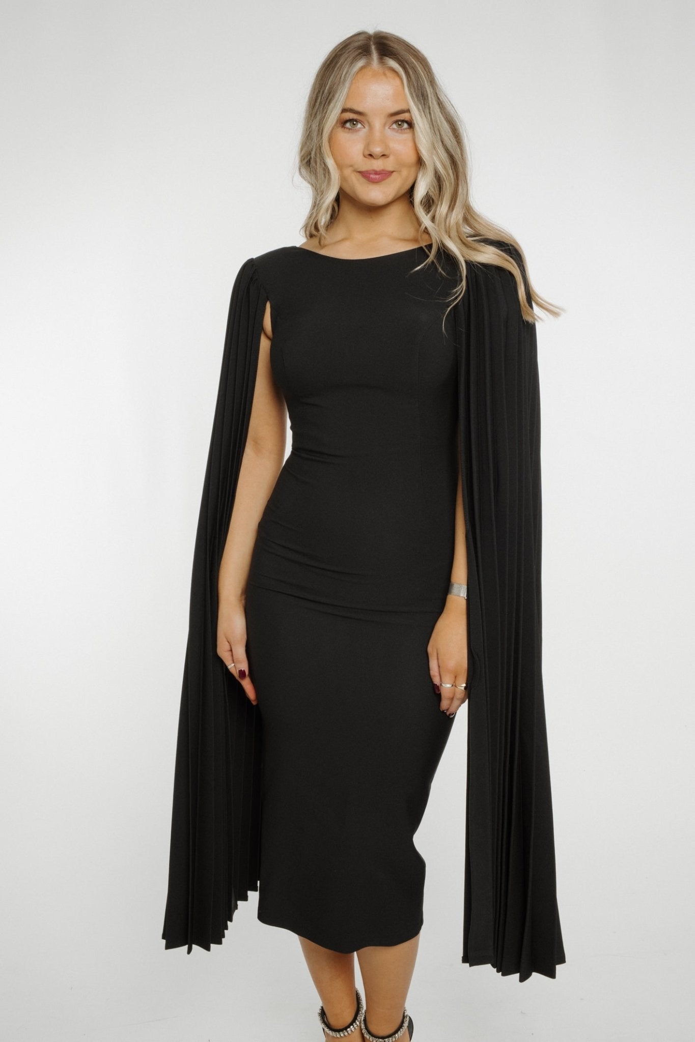 Florence Cape Sleeve Dress In Black - The Walk in Wardrobe