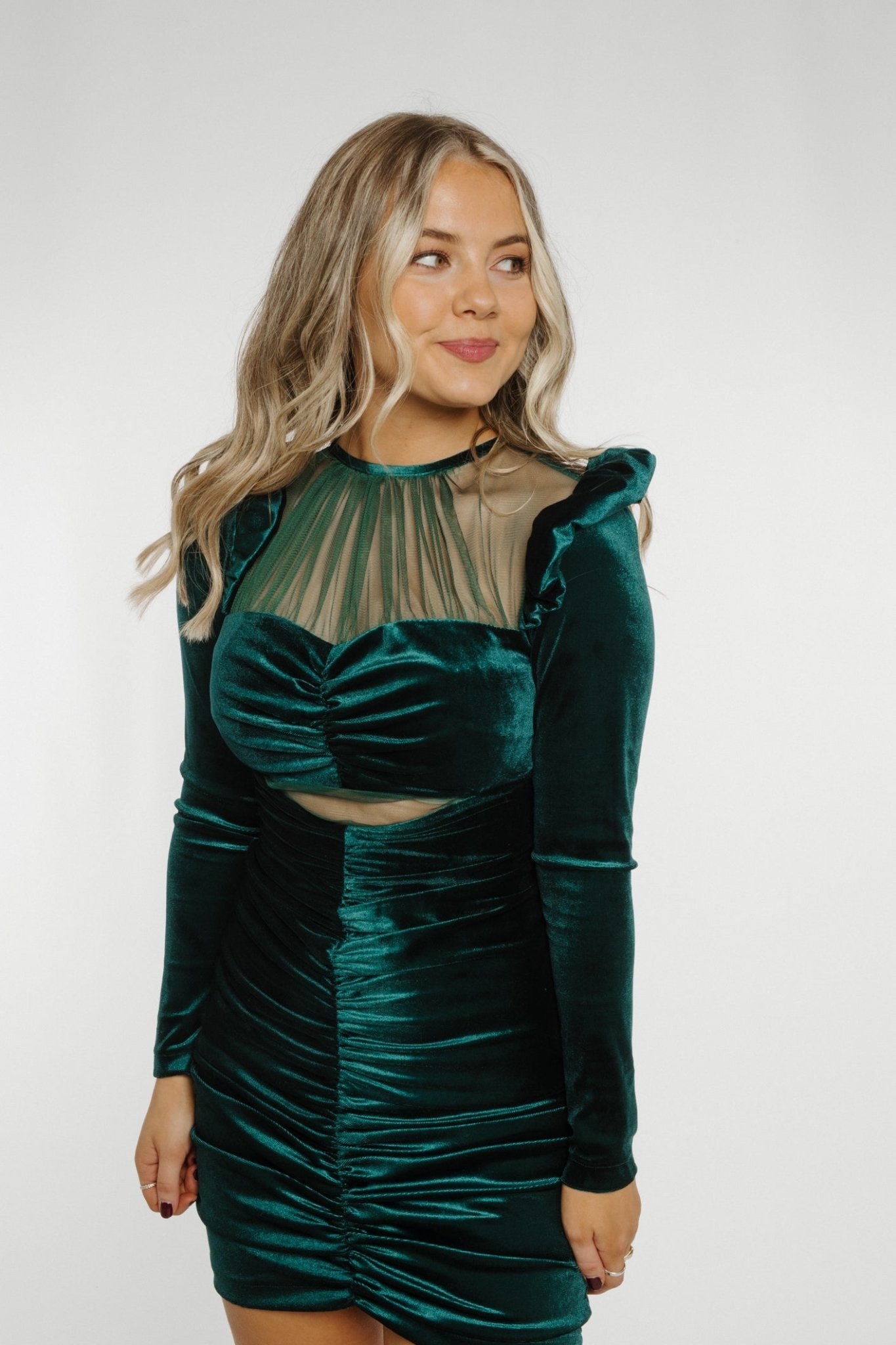 Florence Velvet Ruched Dress In Green - The Walk in Wardrobe