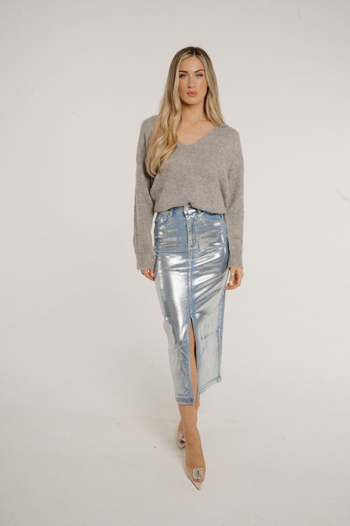 Flynn Metallic Midi Skirt In Silver - The Walk in Wardrobe