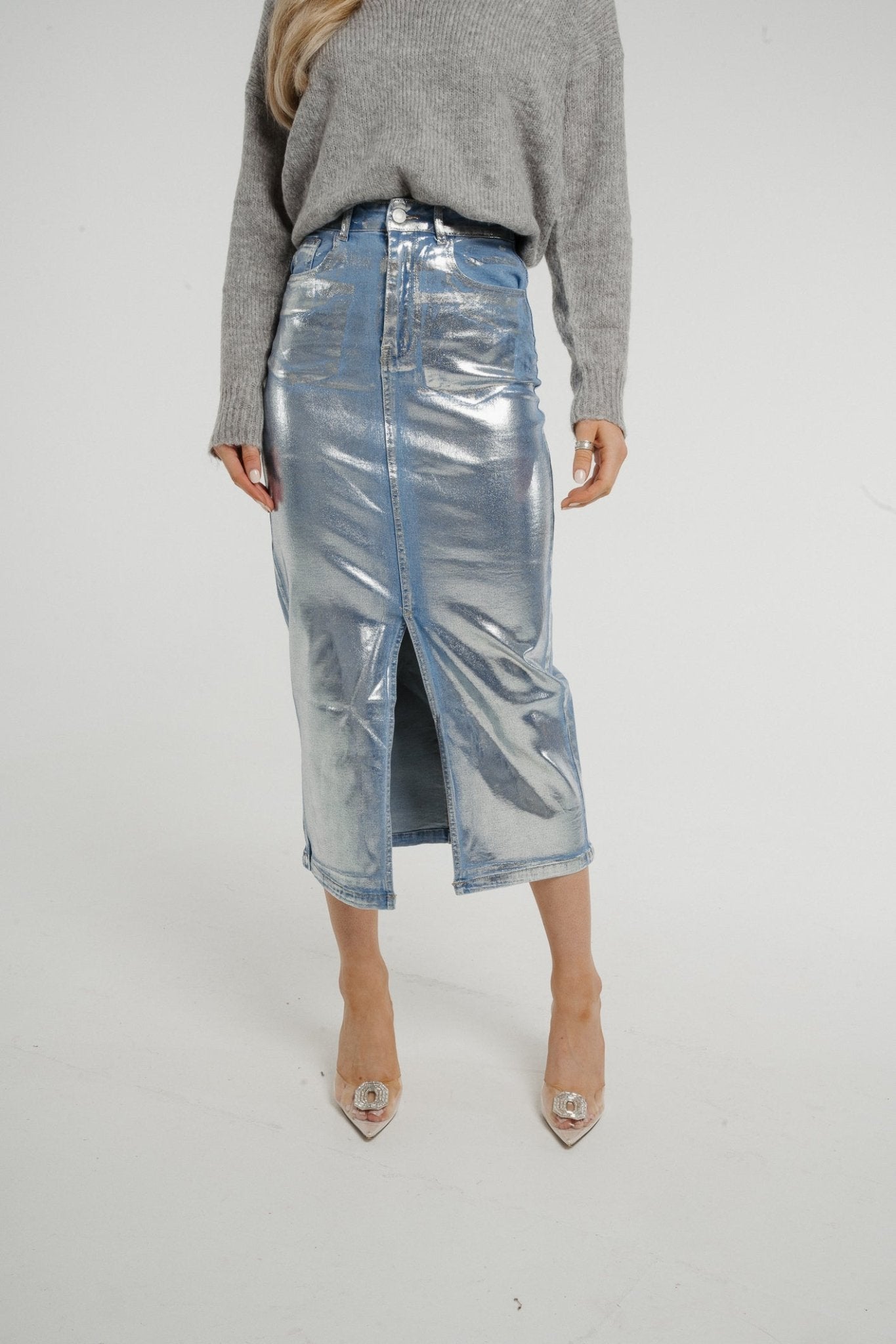 Flynn Metallic Midi Skirt In Silver - The Walk in Wardrobe